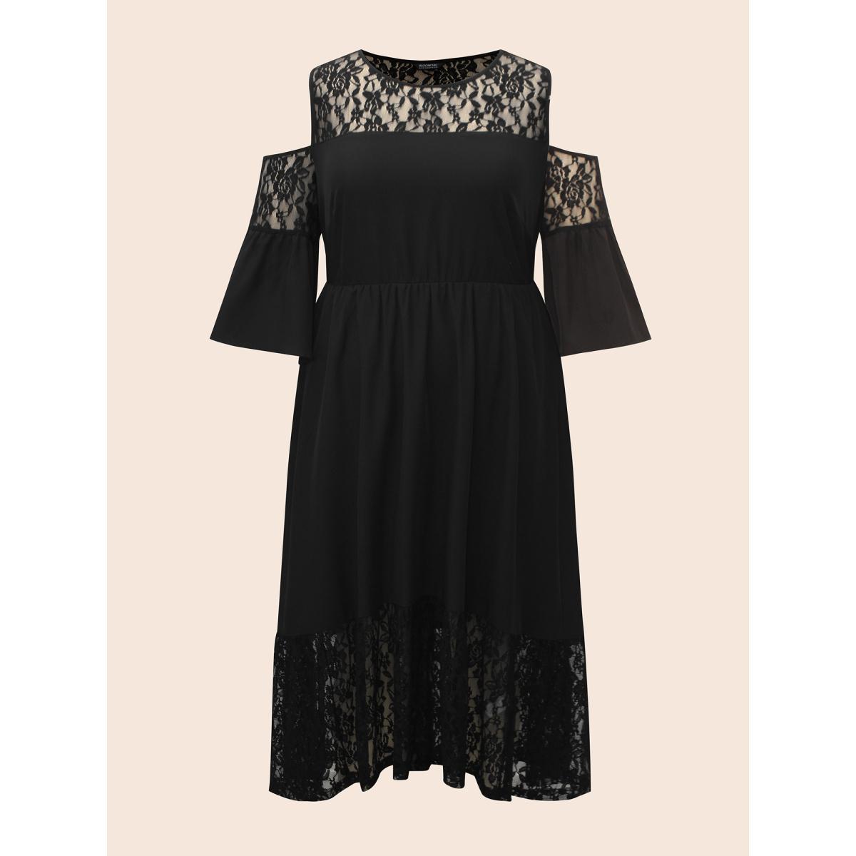 Plus Size Crochet Lace Mesh Ruffle Sleeve Dress Black Women Cocktail Woven ribbon&lace trim Round Neck Elbow-length sleeve Curvy BloomChic 26/4X Product Image
