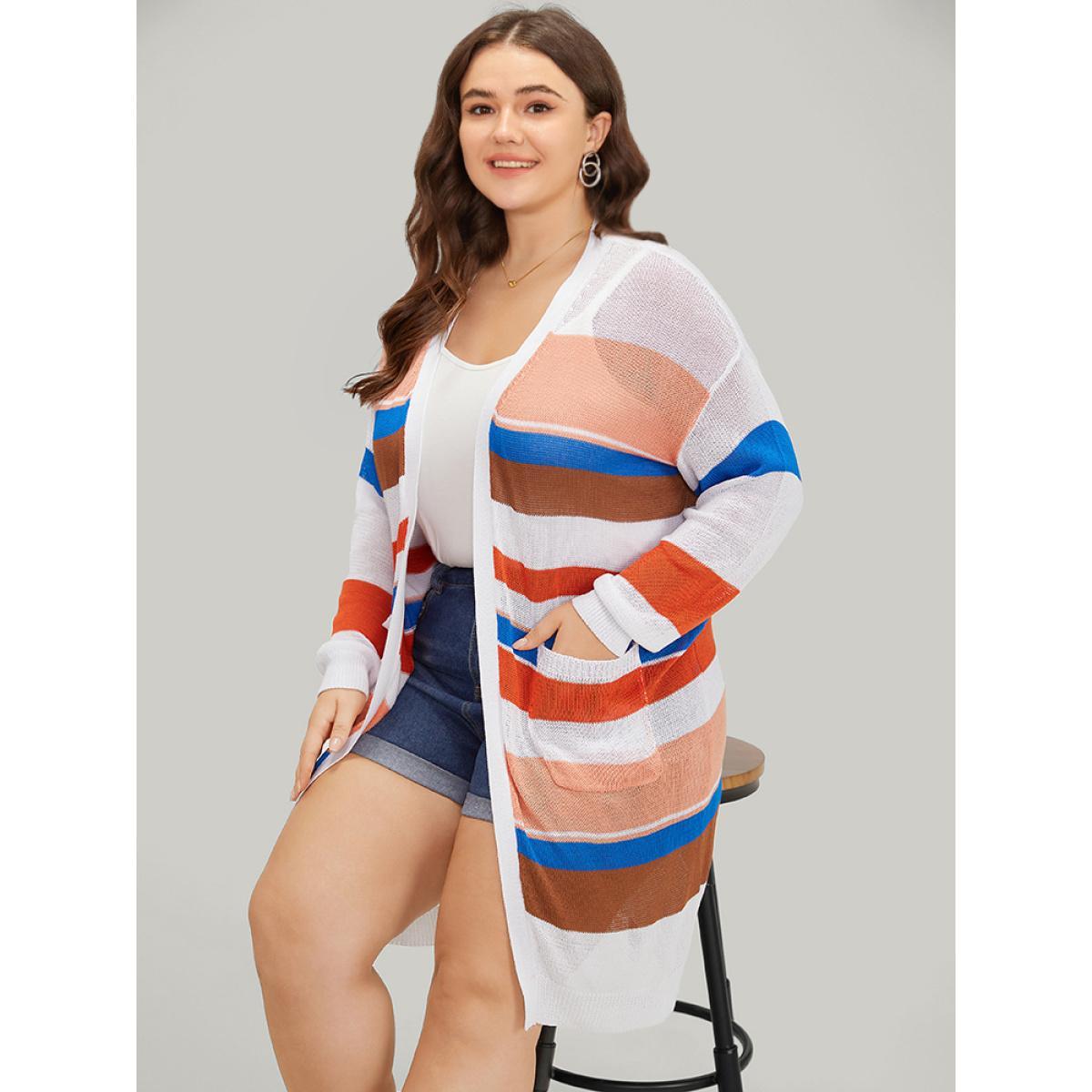 Plus Size Colorblock Contrast Pocket Tunic Open Front Cardigan Multicolor Women Casual Loose Long Sleeve Dailywear Cardigans BloomChic 14-16/1X Product Image
