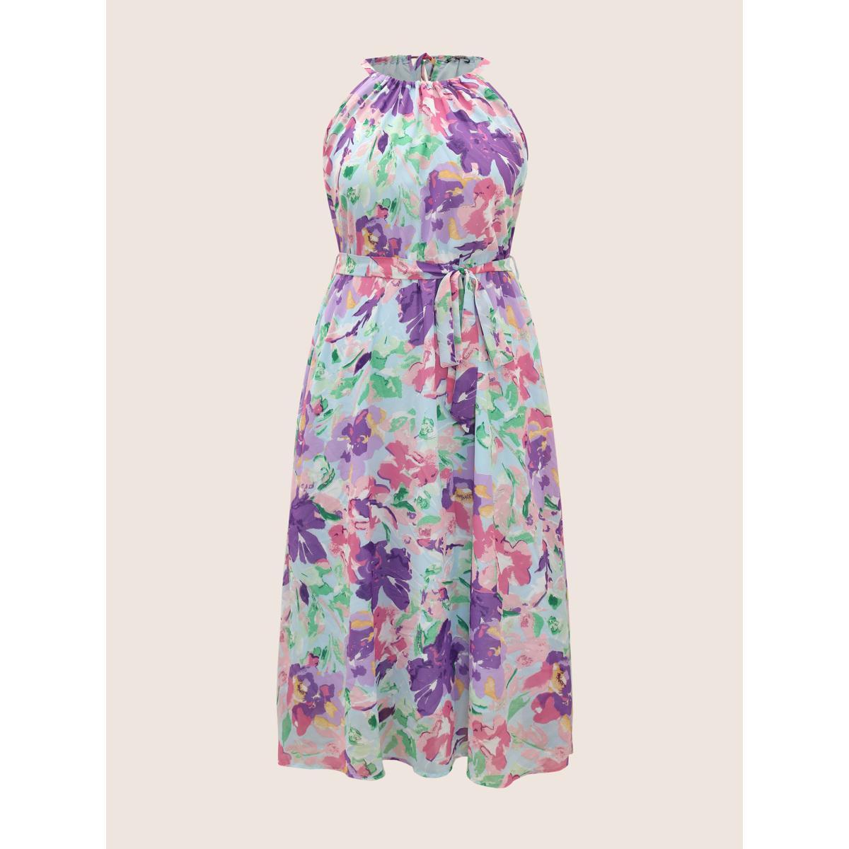 Plus Size Halter Neck Watercolor Floral Belted Dress LightBlue Women Elegant Gathered Halter neck Sleeveless Curvy BloomChic 18-20/2X Product Image