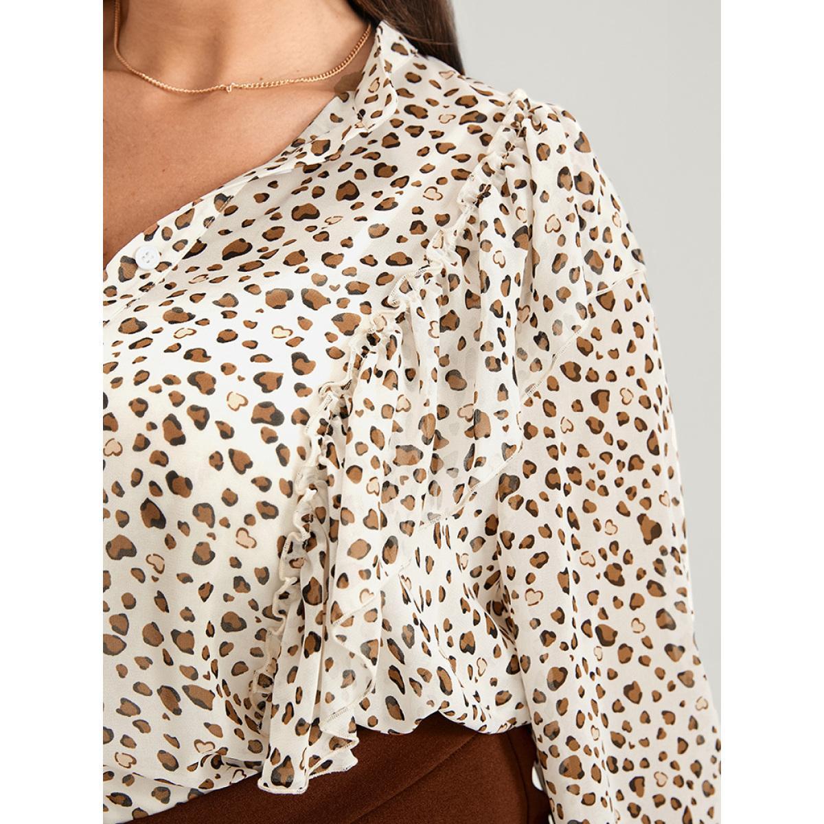Plus Size Apricot Leopard Mesh Ruffle Trim Button Up Blouse Women Office Long Sleeve Lapel Collar Work Blouses BloomChic 12/L Product Image