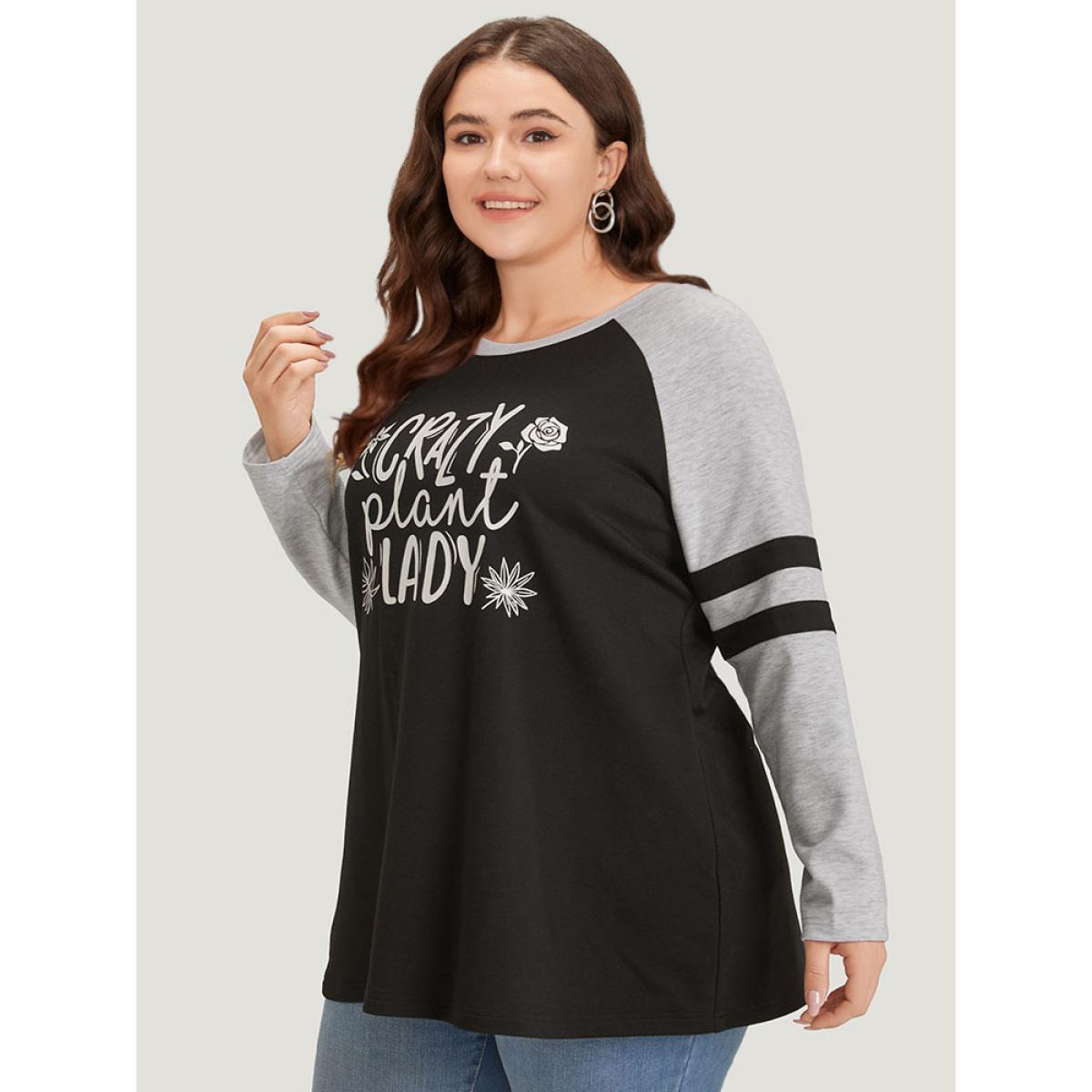 Plus Size Letter & Floral Print Striped Patchwork Raglan Sleeve Sweatshirt Women Multicolor Casual Contrast Dailywear Sweatshirts BloomChic 26/4X Product Image