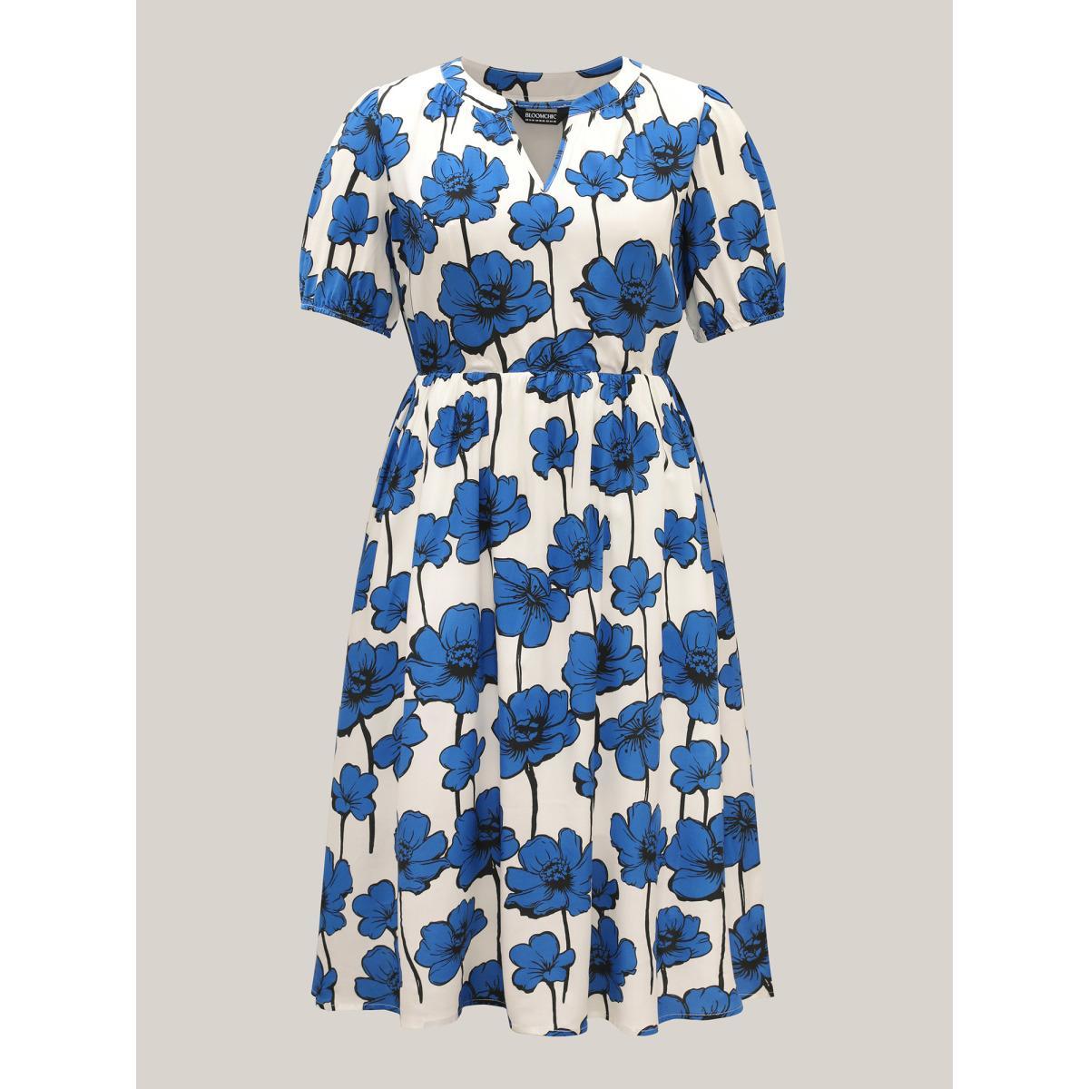 Plus Size Large Floral Print Notched Collar Midi Dress Mediumblue Women Notched collar Short sleeve Curvy BloomChic 28/5X Product Image