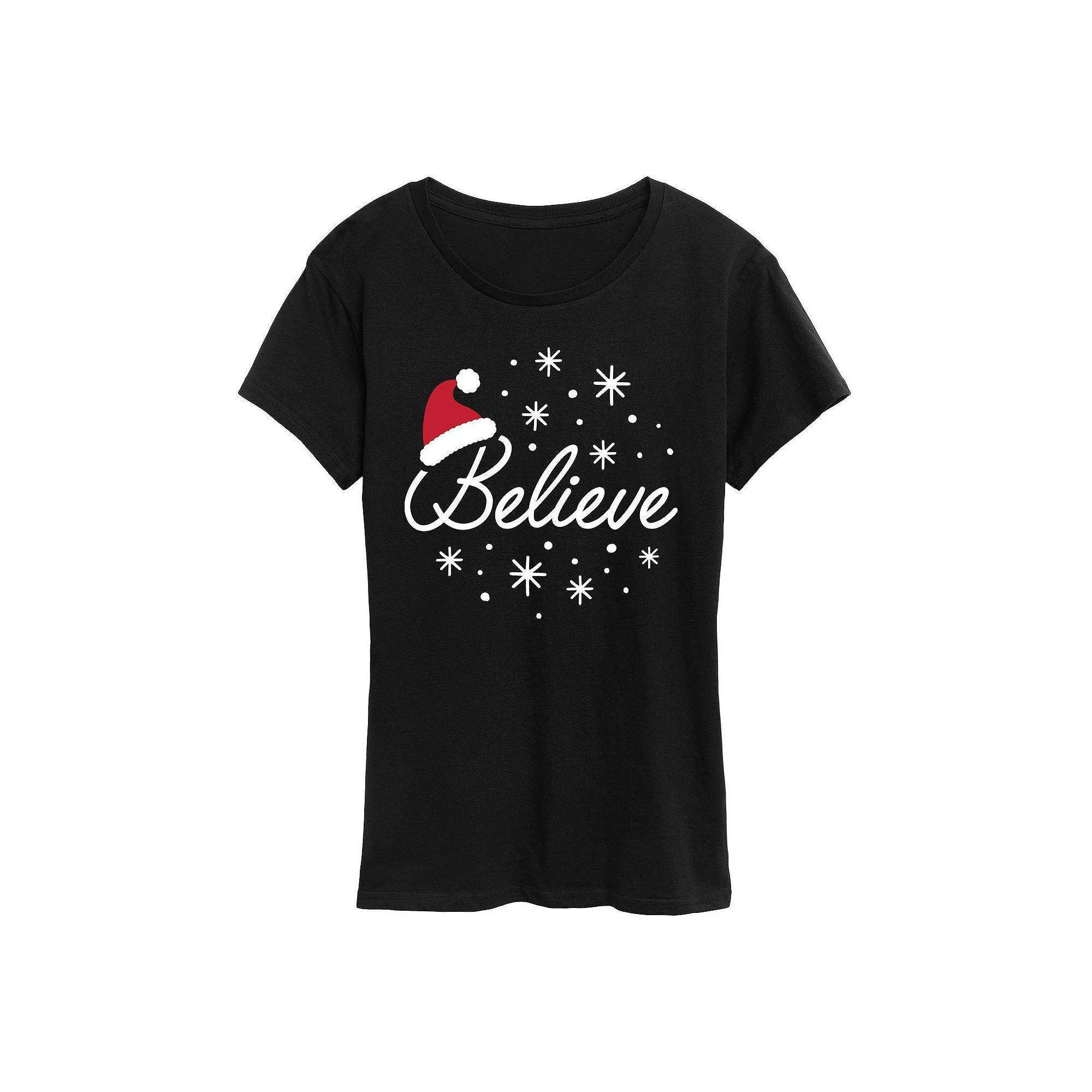 Women's Believe With Santa Hat Graphic Tee, Girl's, Size: XL, Black Product Image