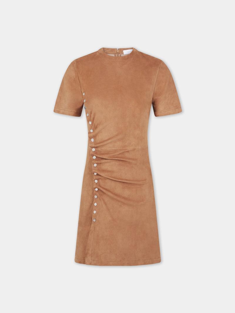 CAMEL SHORT DRAPED DRESS IN LEATHER Product Image