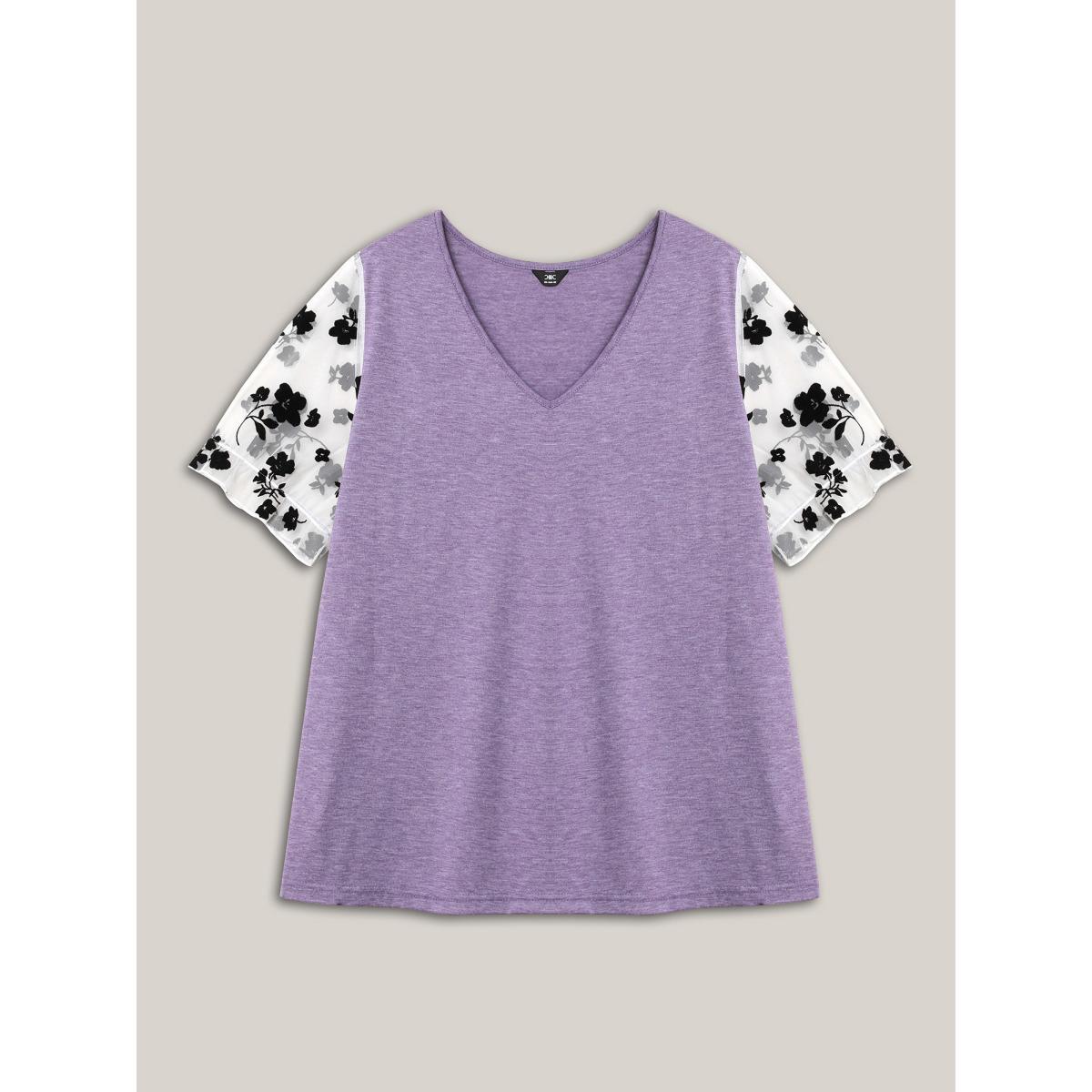 Plus Size Mixed Material Sheer Sleeve T-Shirt Heather Women Casual See through V-neck Everyday T-shirts BloomChic 28/5X Product Image