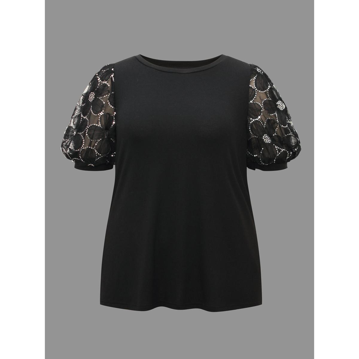 Plus Size Floral Sequin Mesh Round Neck T-shirt Black Women Elegant See through Round Neck Everyday T-shirts BloomChic 18-20/2X Product Image