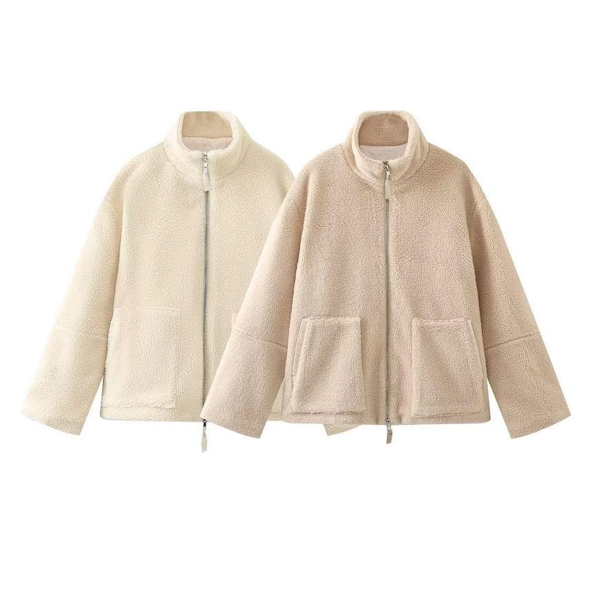 Stand Collar Plain Fleece Zip Jacket Product Image