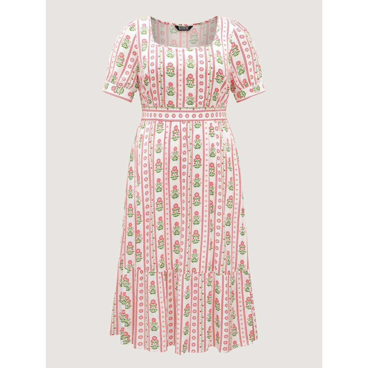 Plus Size Floral Stripe Shirred Waist Midi Dress Raspberry Women Non Short sleeve Curvy BloomChic 14-16/1X Product Image