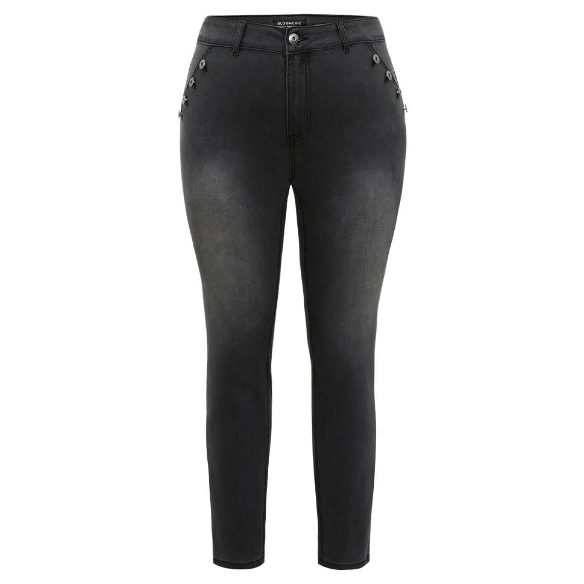 Plus Size Black Wash Button Detail Skinny Jeans Women DimGray Casual Plain Plain High stretch Pocket Jeans BloomChic 28/5X Product Image