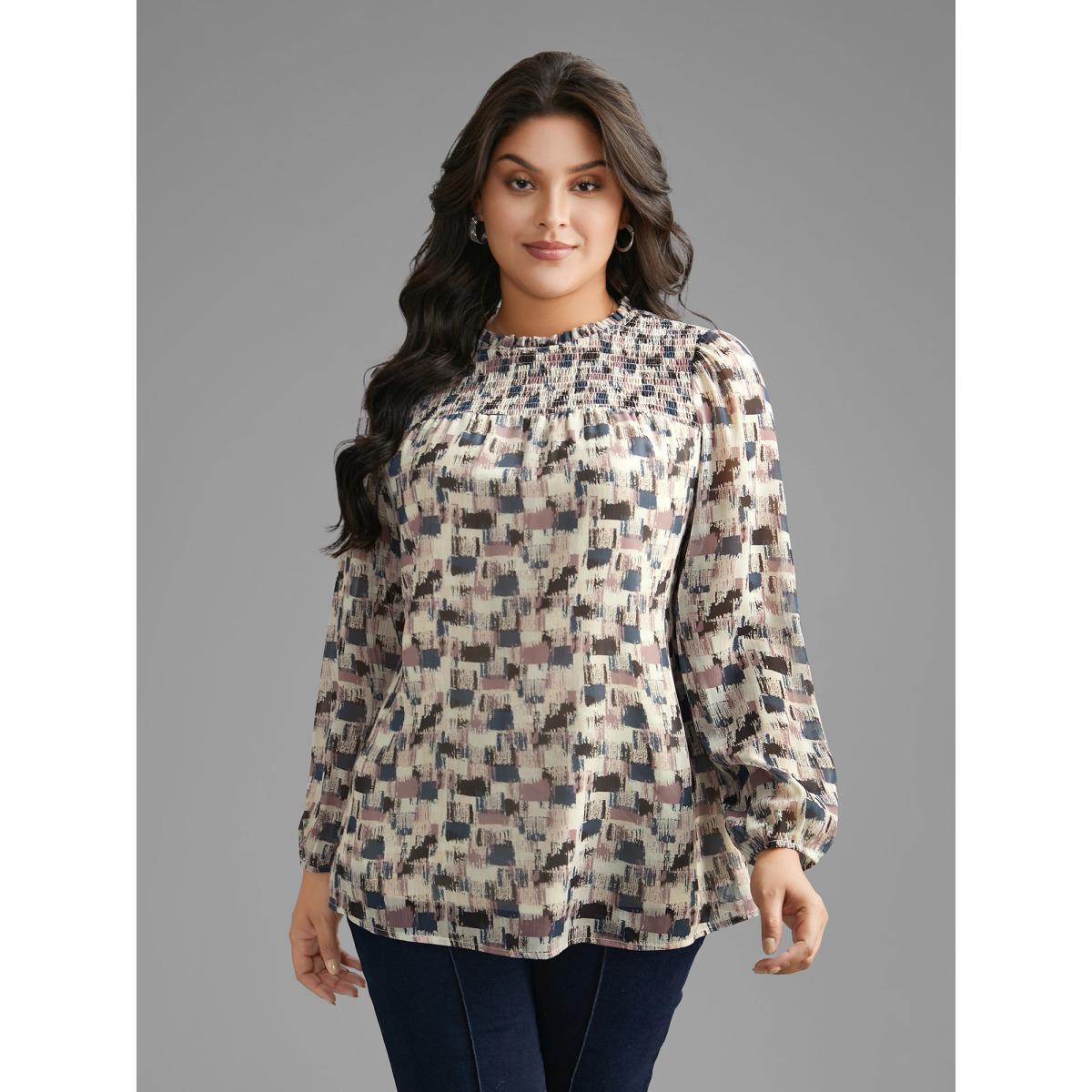 Plus Size Lilac Brush Print Shirred Ruffles Gathered Blouse Women Elegant Long Sleeve Mock Neck Everyday Blouses BloomChic 22-24/3X Product Image
