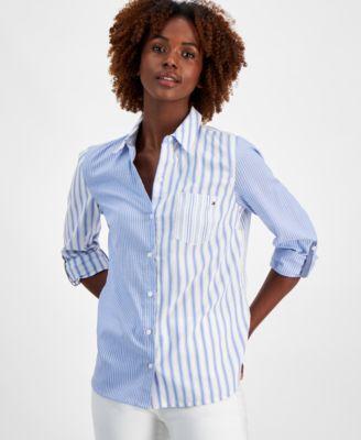 Tommy Hilfiger Stripe Roll Tab Bright White) Women's Clothing Product Image