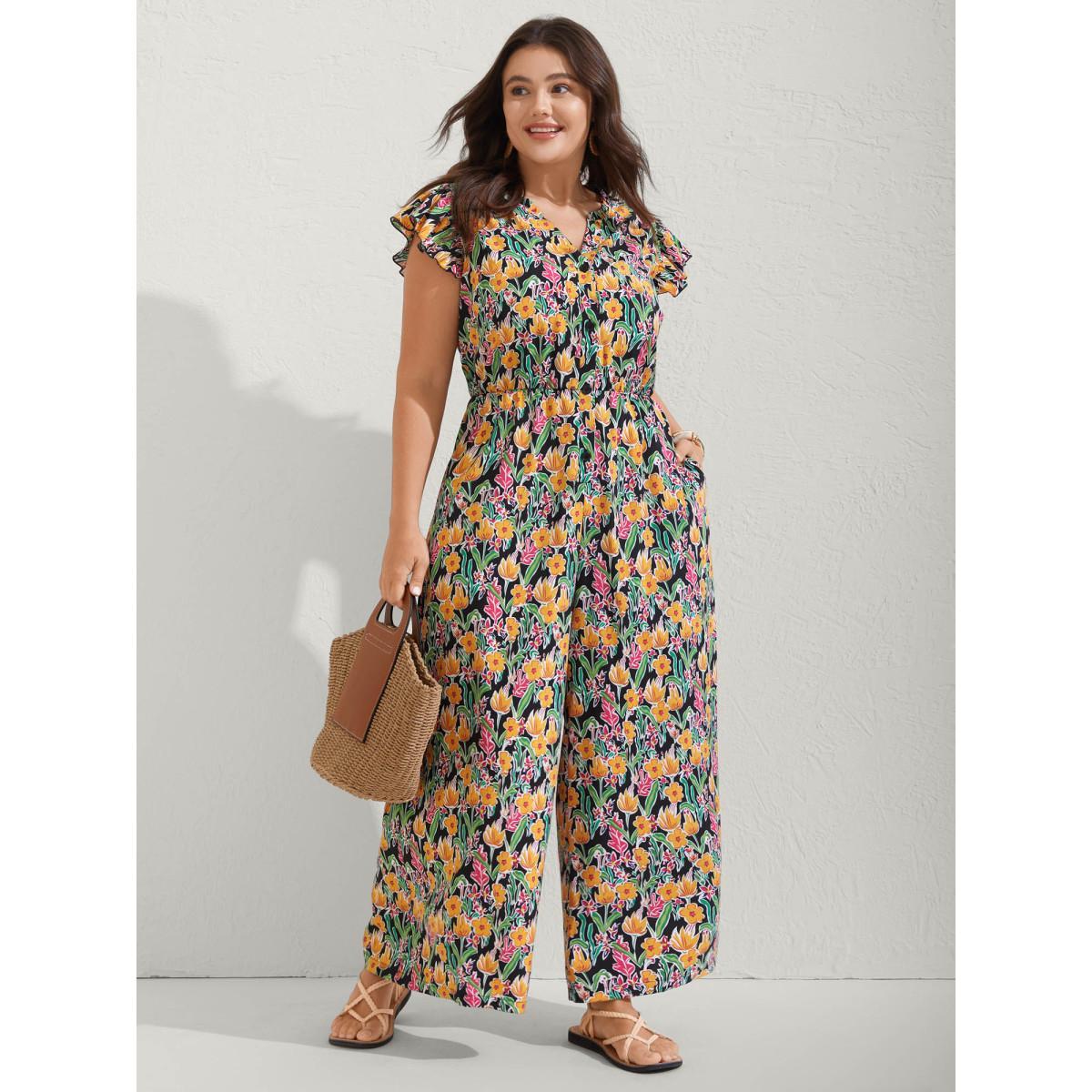Plus Size BlackFlower Sunkissed Floral Print Button Wide-Leg Jumpsuit Women Cap Sleeve Notched collar Vacation Loose Jumpsuits BloomChic 14-16/1X Product Image