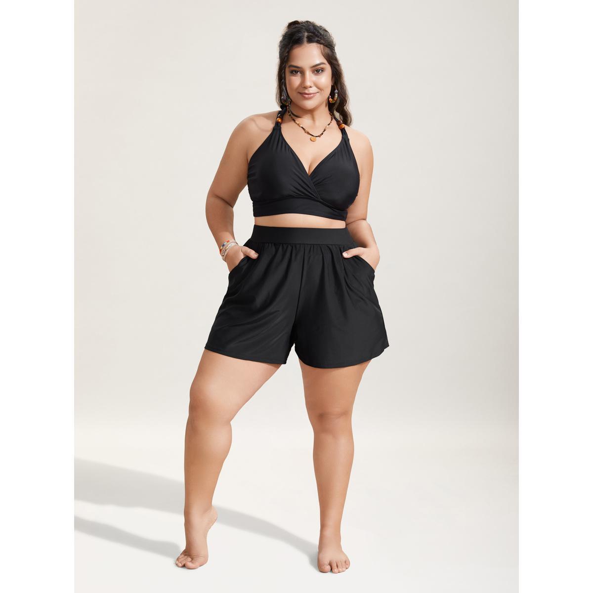 Plus Size High Waisted Pockets Solid Pleated Swim Bottom Women's Swimwear Black Beach Gathered High stretch Bodycon High Rise Slanted pocket Curve Swim Bottoms BloomChic 10/M Product Image