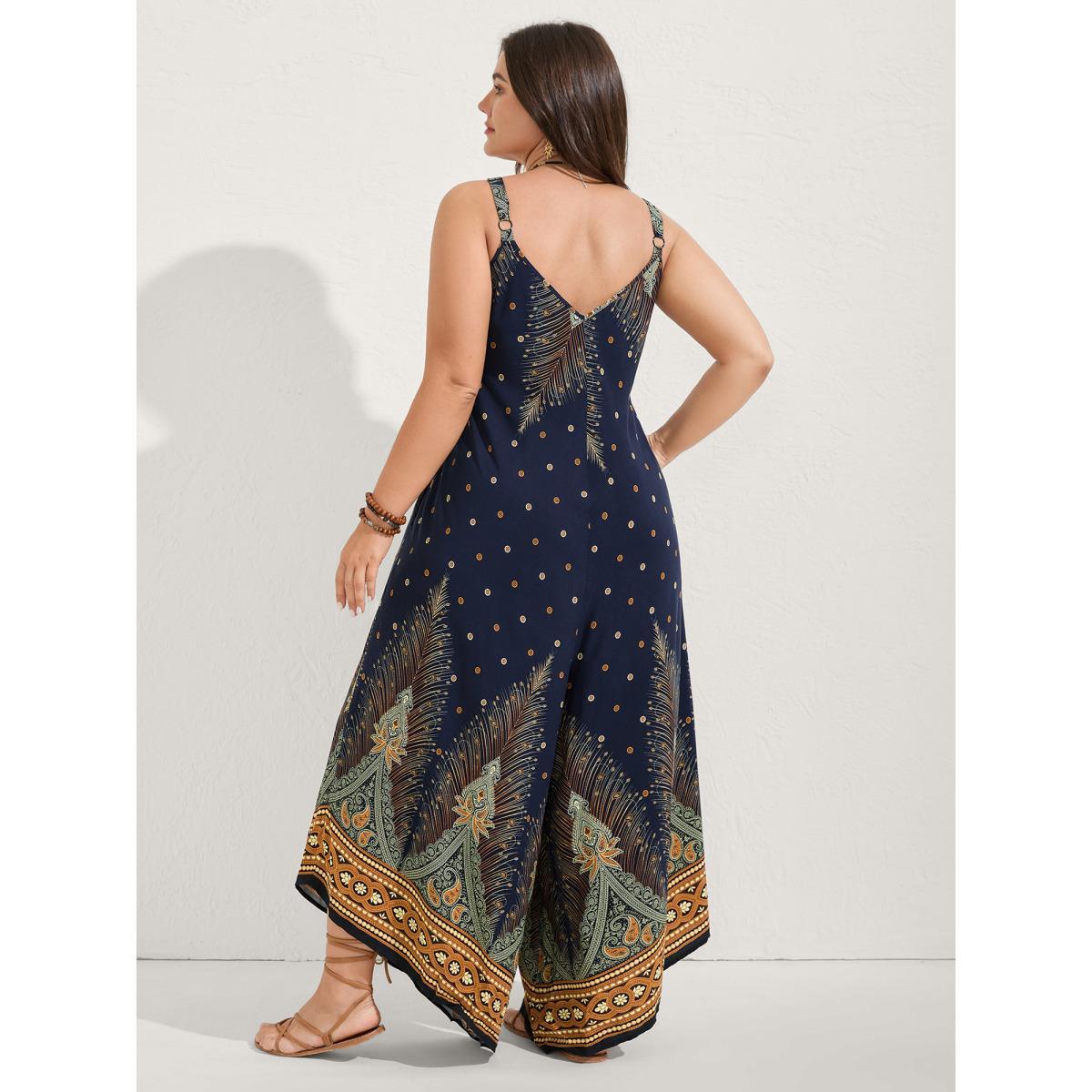 Plus Size Navy Boho Print Asymmetrical Hem Jumpsuit Women Sleeveless V-neck Vacation Loose Jumpsuits BloomChic 26/4X Product Image