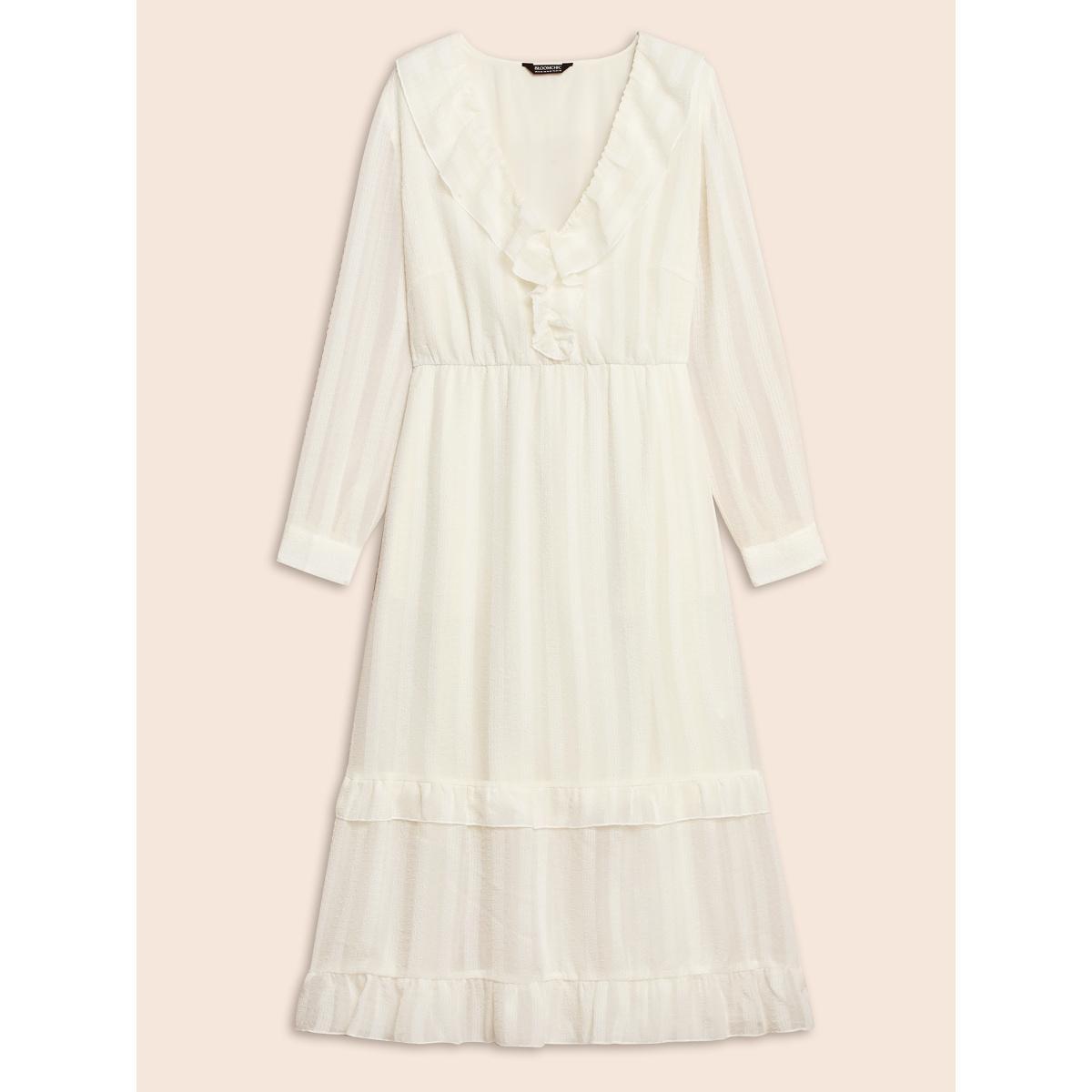 Plus Size Chiffon Lotus Leaf Collar Tiered Midi Dress Ivory Women Resort Texture V-neck Long Sleeve Curvy BloomChic 30/6X Product Image