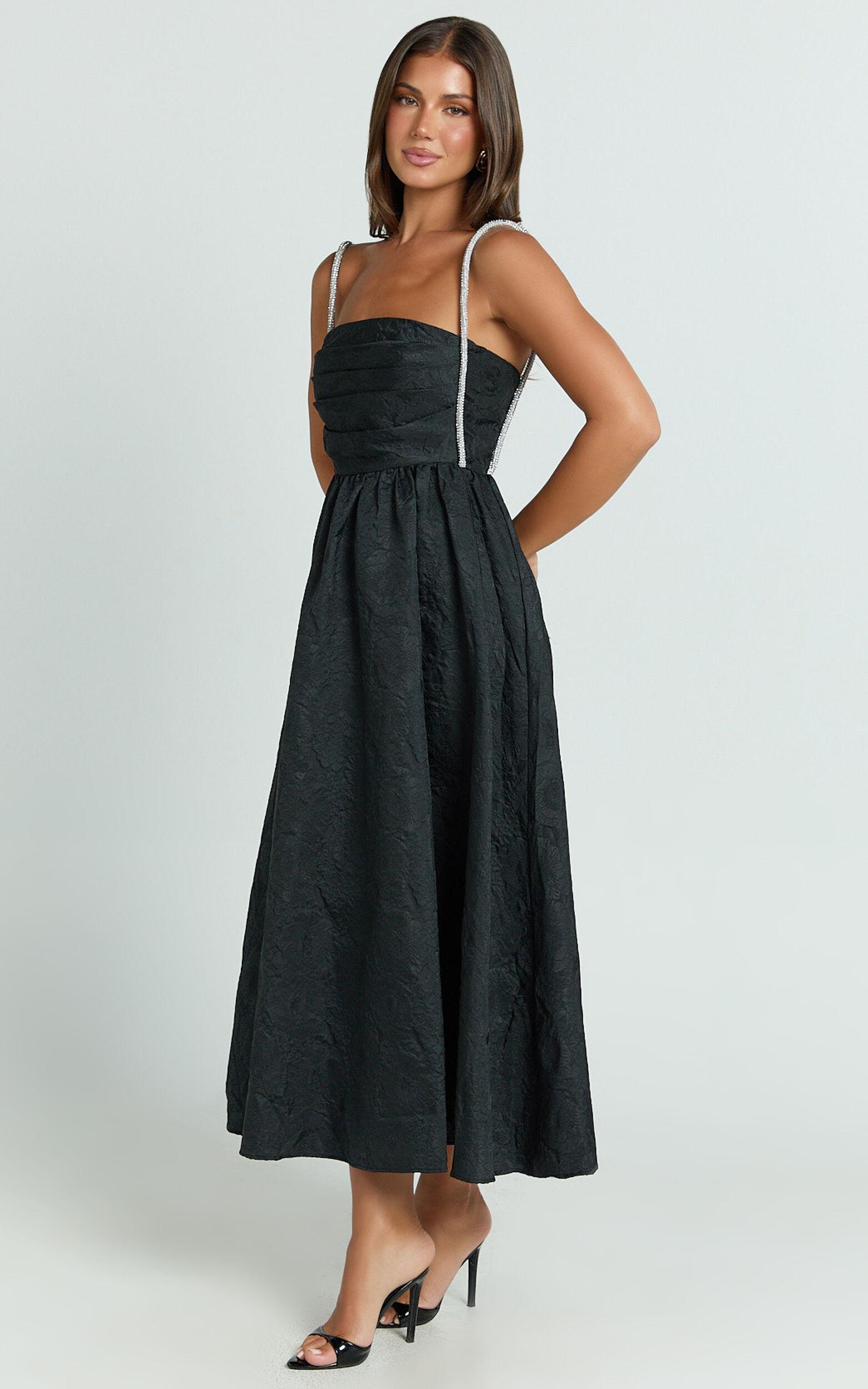 Alvia Midi Dress - Diamante Strap Ruched Straight Neck Dress in Black Product Image