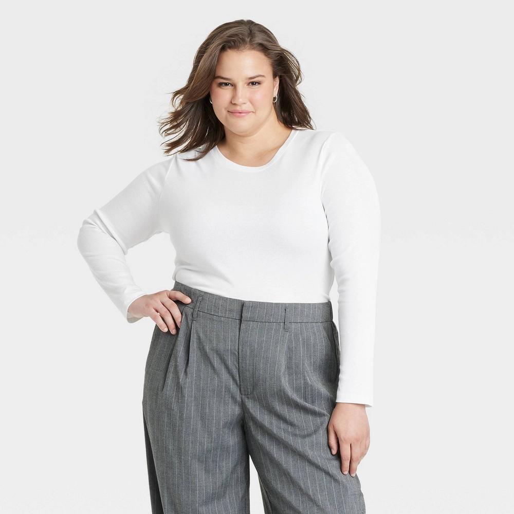 Women's Slim Fit Long Sleeve Ribbed T-Shirt - A New Day™ White 1X: Cotton Modal Blend, Crew Neck, Pullover Style Product Image