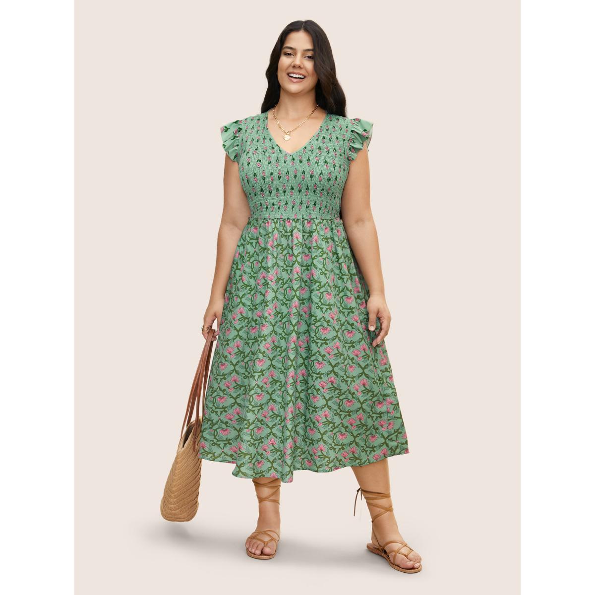 Plus Size Boho Print Shirred Ruffle Cap sleeve Dress Palemauve Women Resort Shirred V-neck Cap Sleeve Curvy BloomChic 14-16/1X Product Image