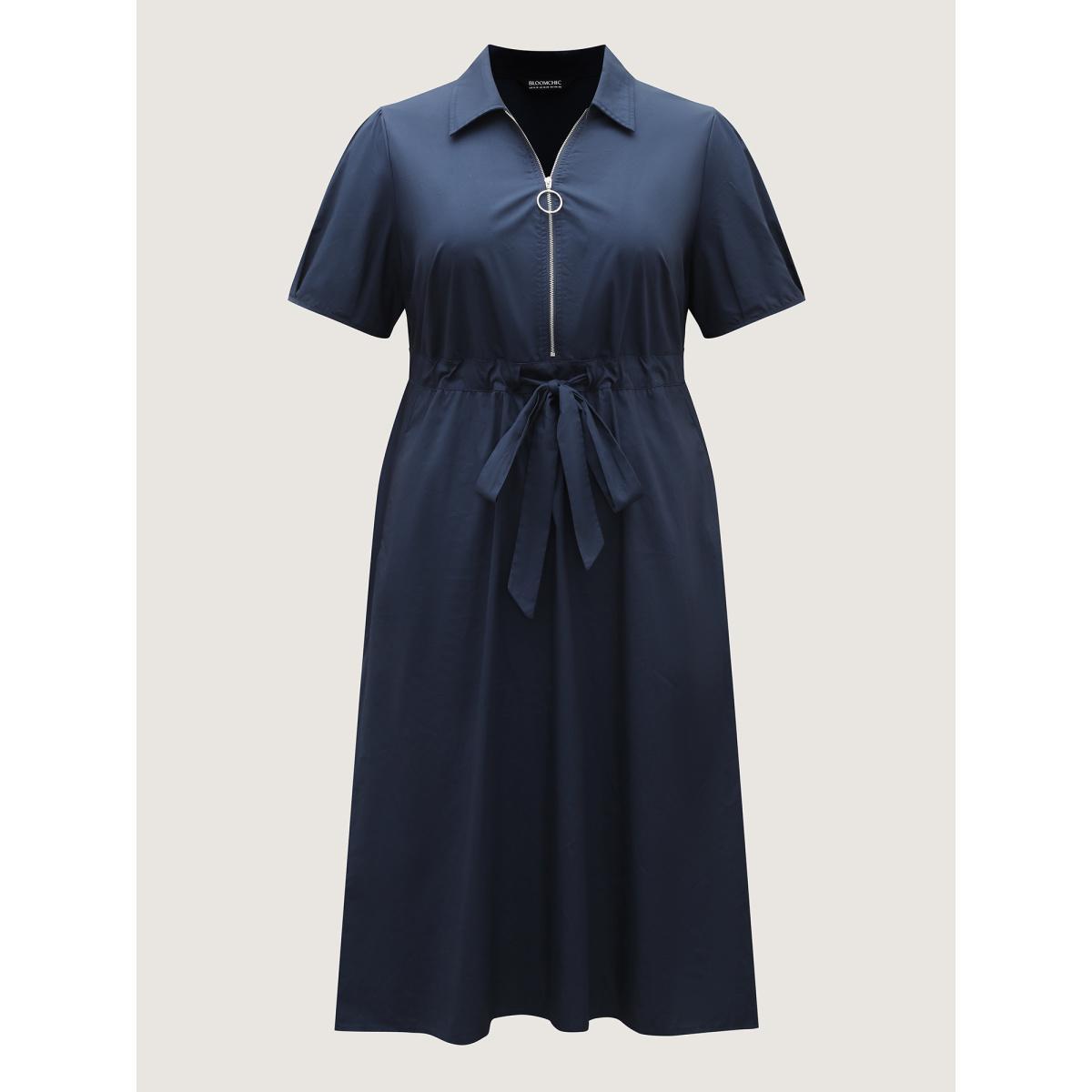 Plus Size Pure Cotton Glide Lock Zipper Midi Dress Navy Women Drawstring Shirt collar Short sleeve Curvy BloomChic 10/M Product Image