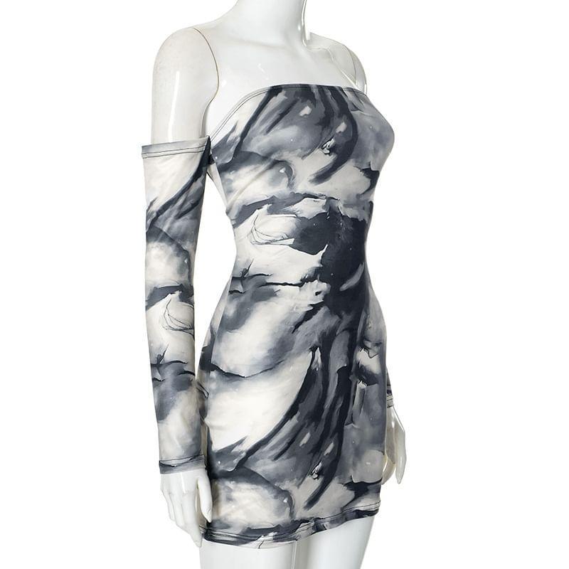 Long-Sleeve Off-Shoulder Tie Dye Mini Bodycon Dress Product Image