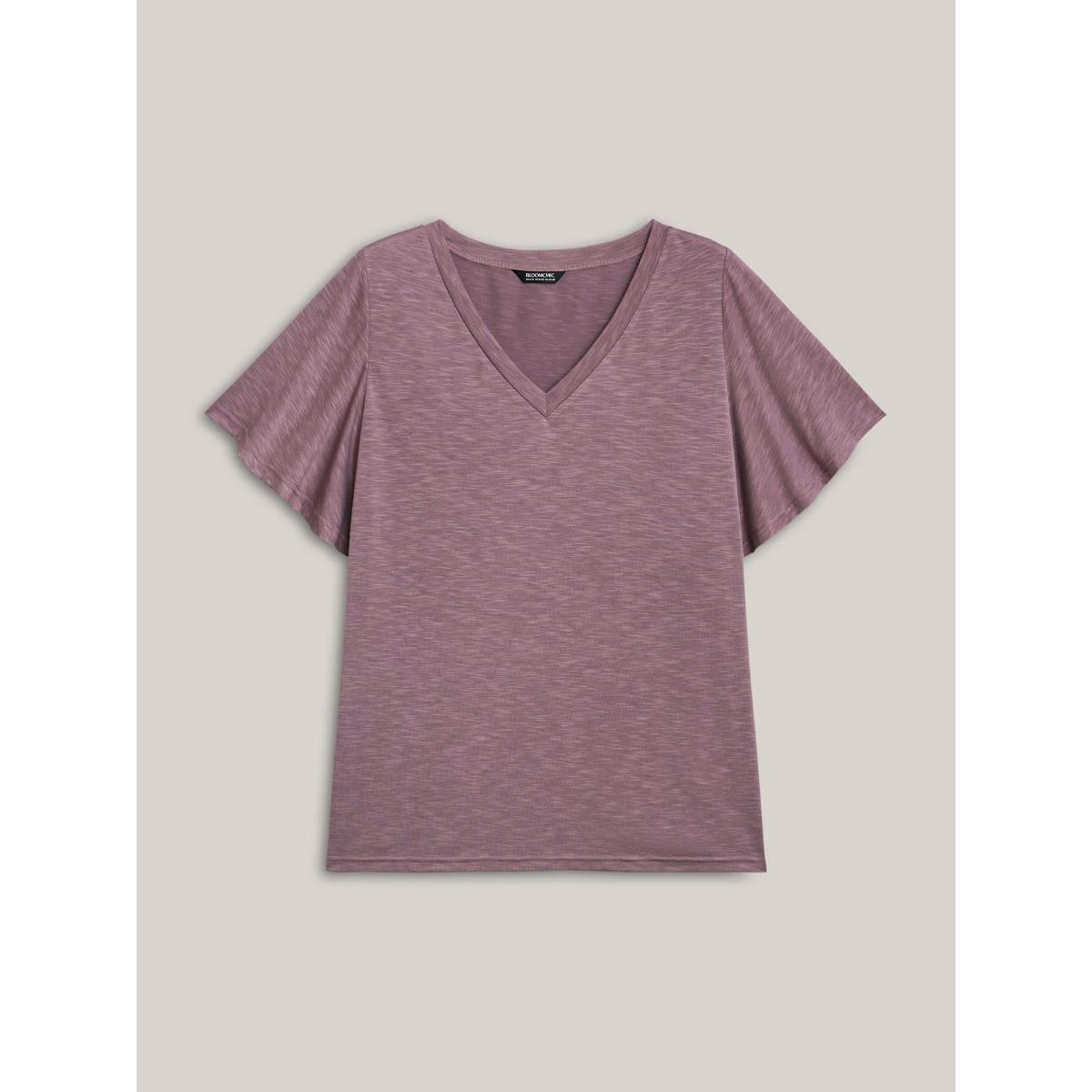 Plus Size V-Neck Stretchy Flared Sleeve T-Shirt DustyPink Women Casual Ruffles V-neck Everyday T-shirts BloomChic 18-20/2X Product Image