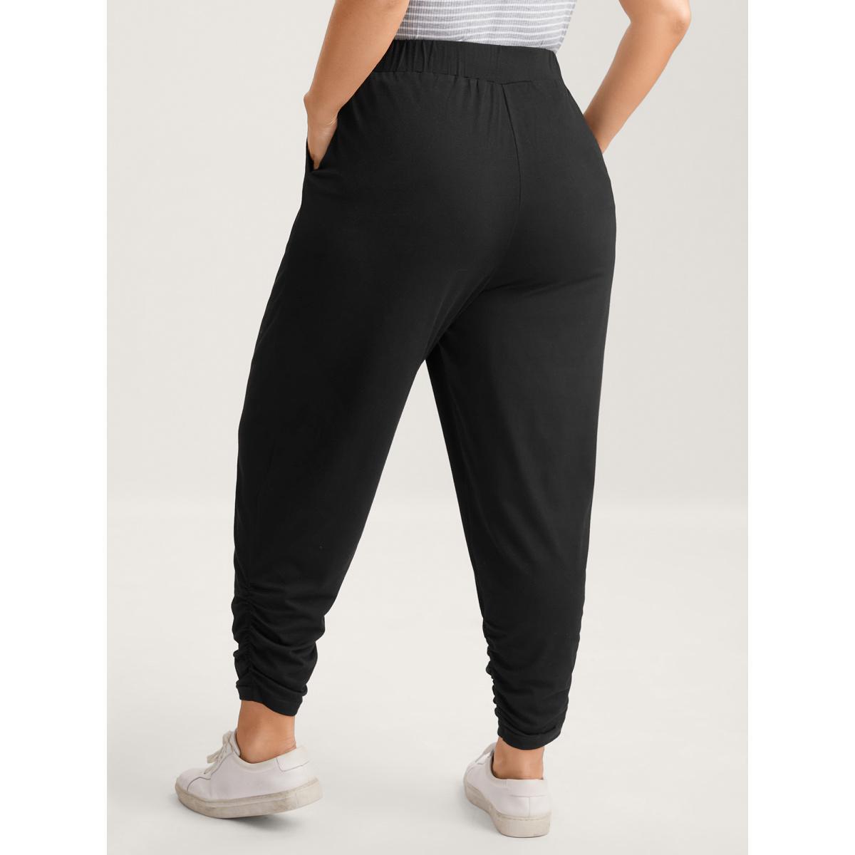 Plus Size Stretchy Straight-Leg Gathered Hem Pants Women Black Casual Mid Rise Everyday-Casual Pants BloomChic 26/4X Product Image