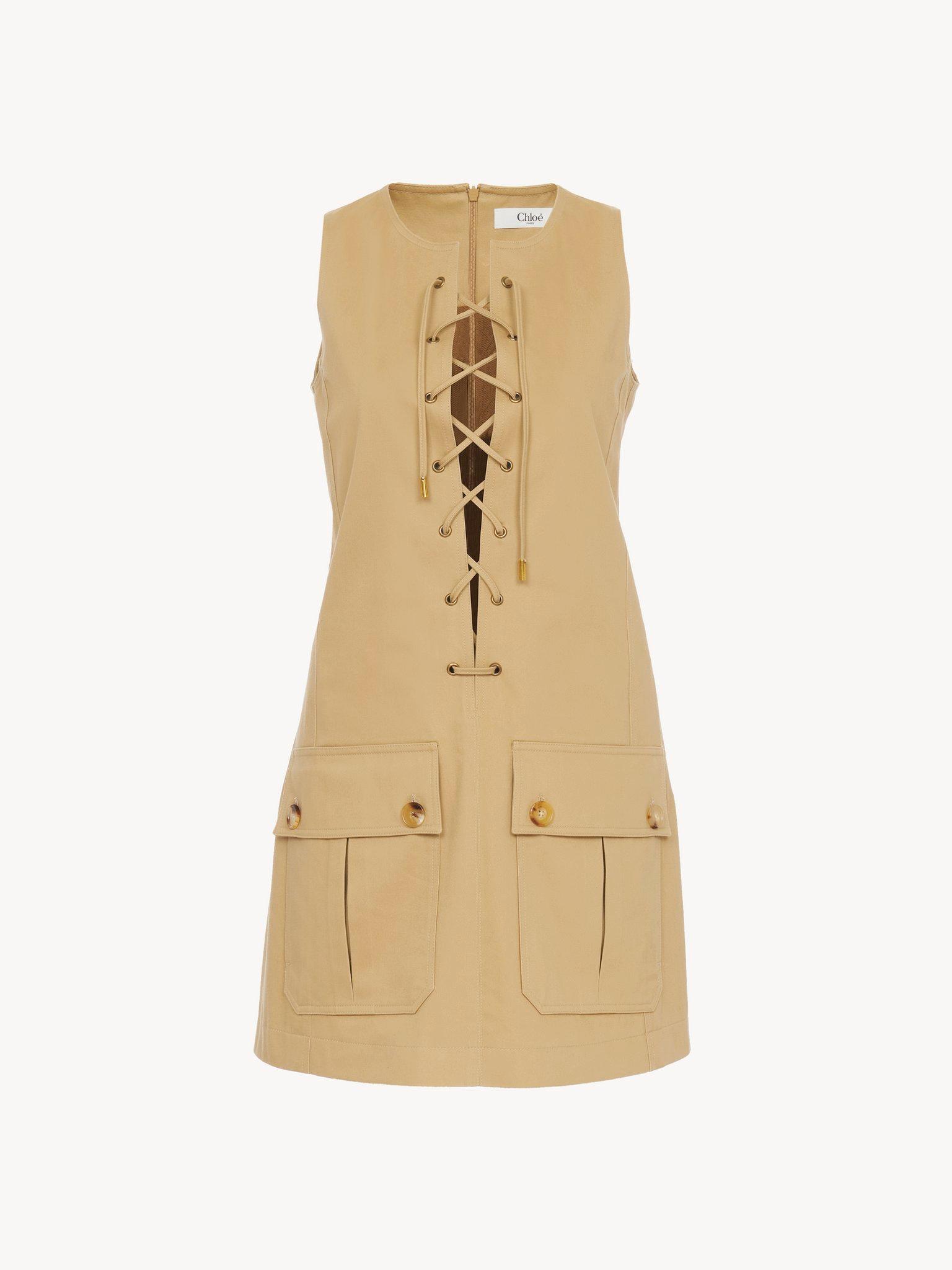 Lace-up pinafore dress in cotton satin Product Image
