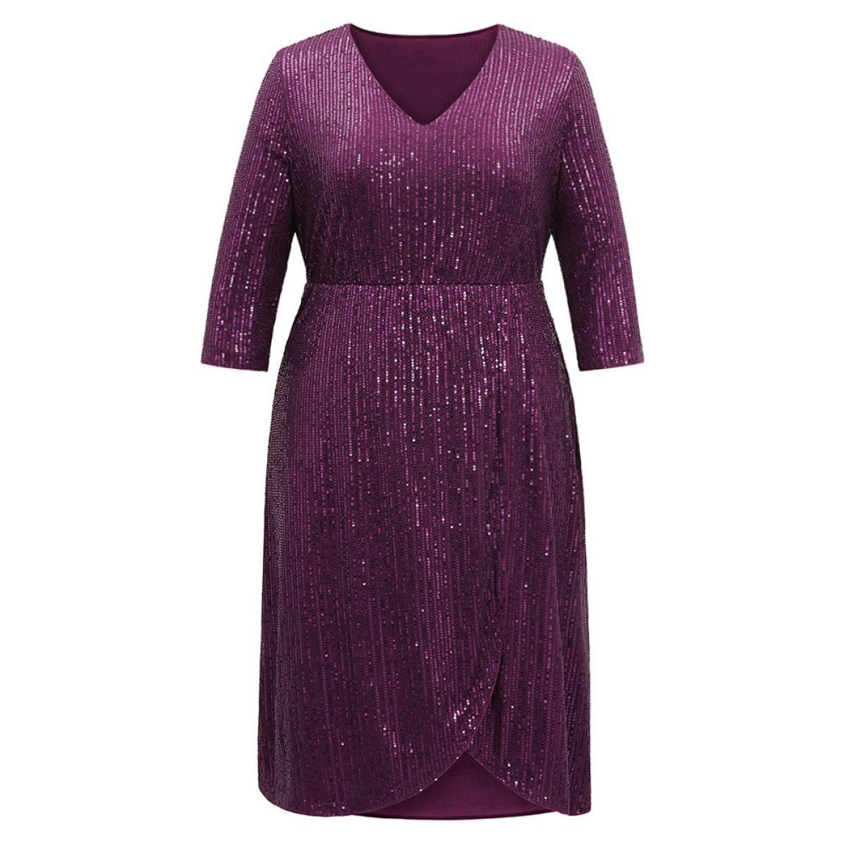 Plus Size Solid Sequin Wrap Hem Elastic Waist Dress Purple Women Cocktail Sequin V-neck Elbow-length sleeve Curvy Midi Dress BloomChic 12/L Product Image