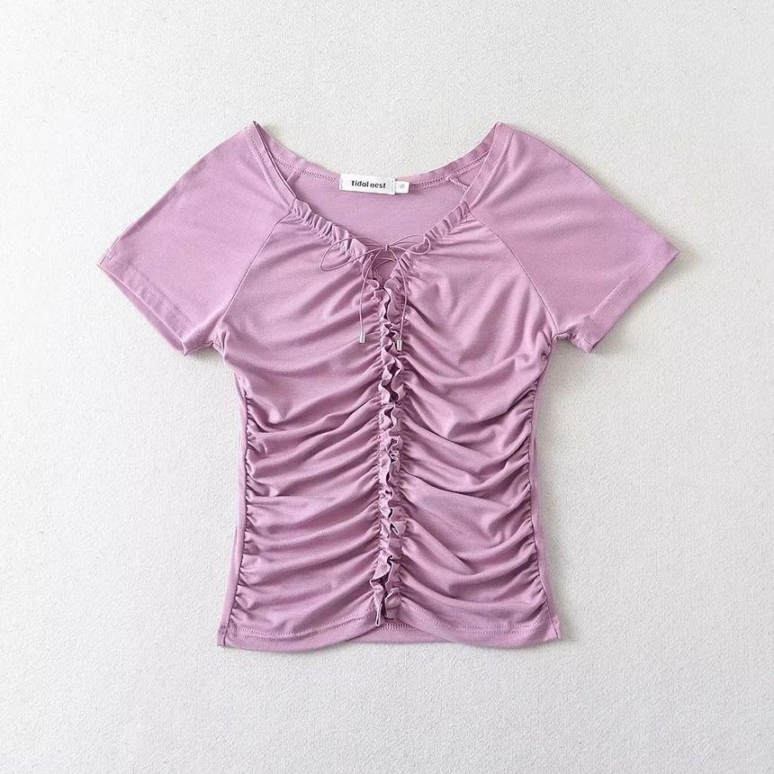 Short Sleeve V-Neck Plain Ruffled-Trim Lace Up Slim-Fit Crop Top Product Image