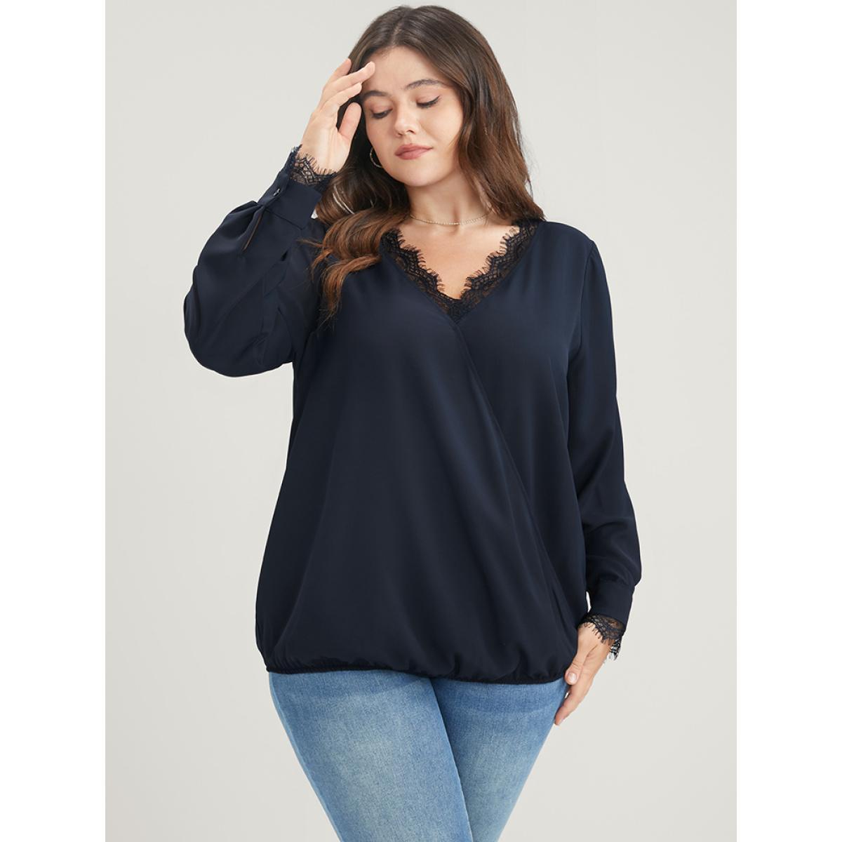 Plus Size DarkBlue Solid Lace Trim Wrap Blouse Women Elegant Long Sleeve V-neck Dailywear Blouses BloomChic 28/5X Product Image