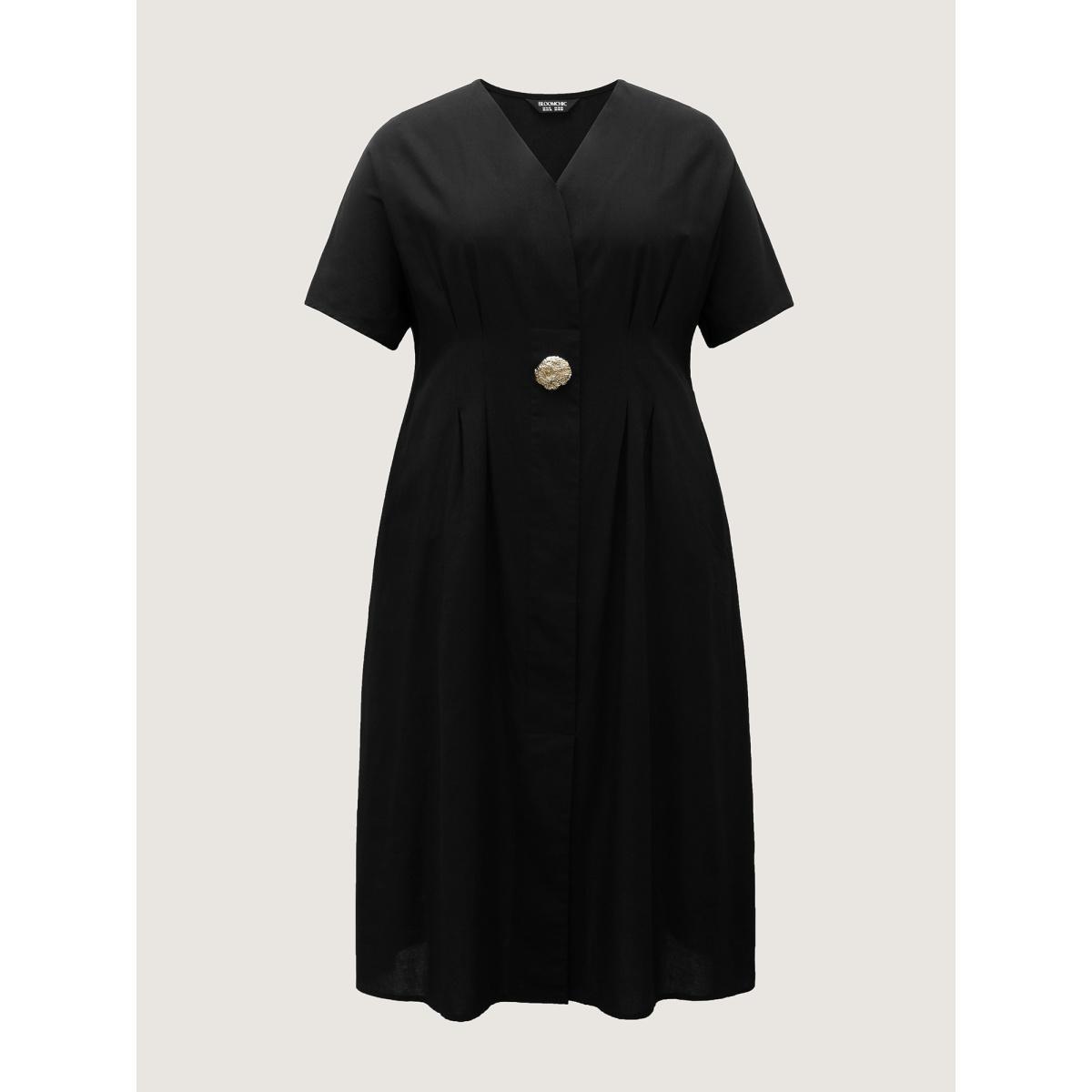 Plus Size Deep V-Neck Decorative Button Midi Dress Black Women Overlap Collar Short sleeve Curvy BloomChic 12/L Product Image