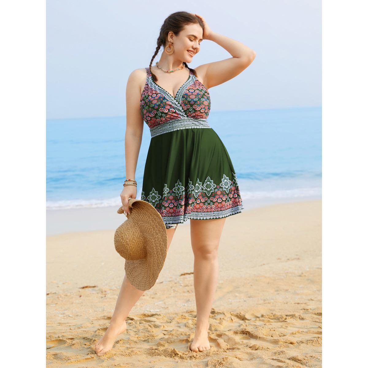 Plus Size Boho Print Surplice Neck Adjustable Swim Dress Women's Swimwear ArmyGreen Beach Bodycon Overlap Collar High stretch Curve Swim Dresses BloomChic 26/4X Product Image