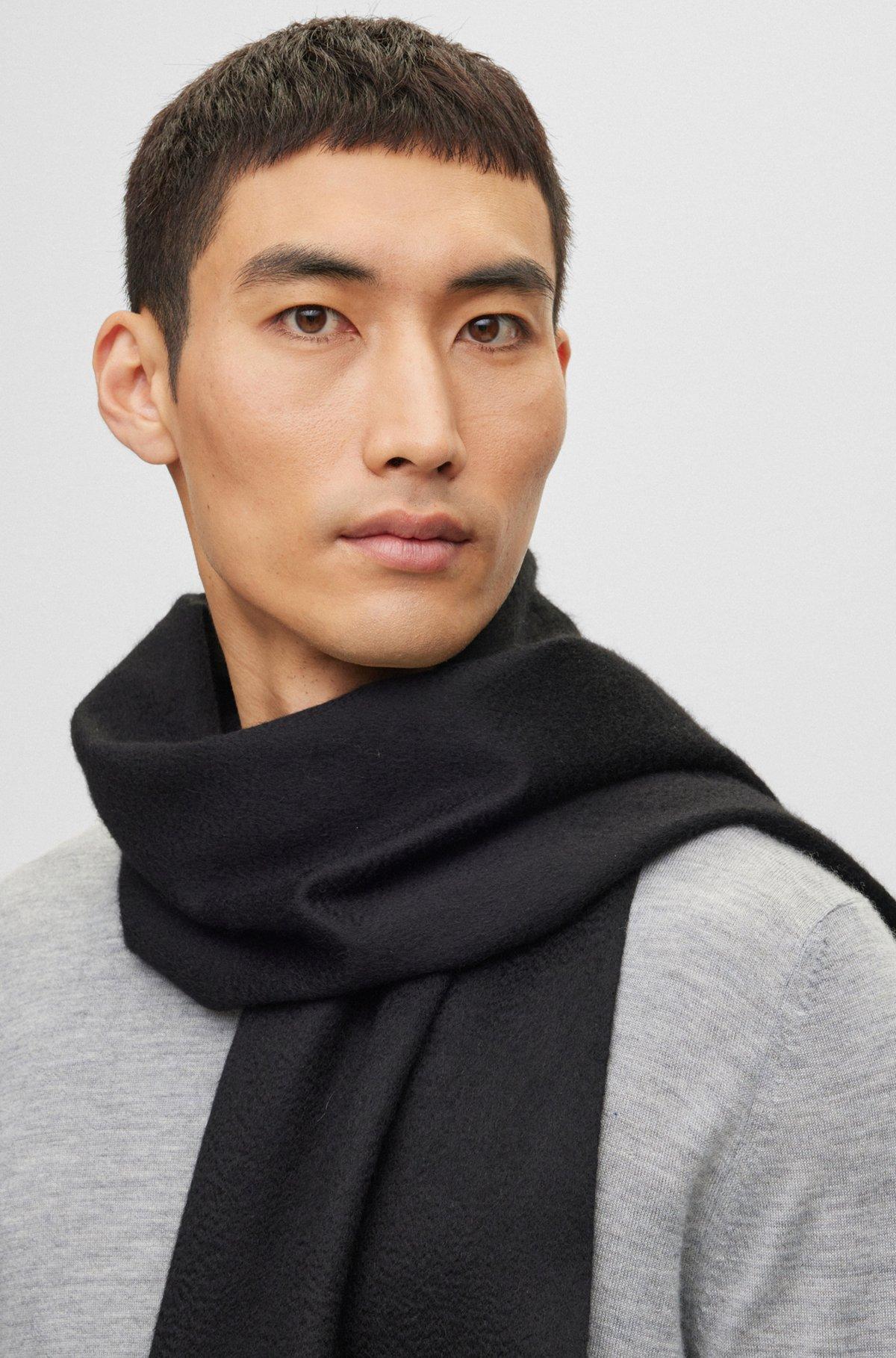 BOSS - Fringed scarf in pure Italian cashmere with embroidered logo - Beige Product Image