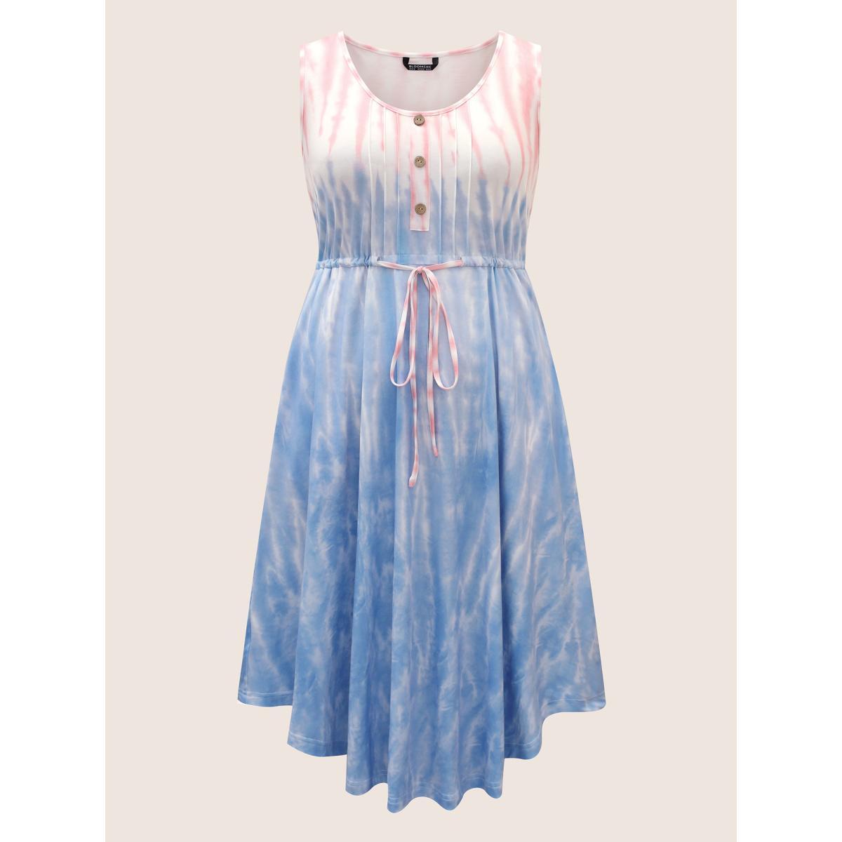 Plus Size Tie Dye Round Neck Drawstring Pleated Dress MistyRose Women Casual Drawstring Round Neck Sleeveless Curvy BloomChic 12/L Product Image