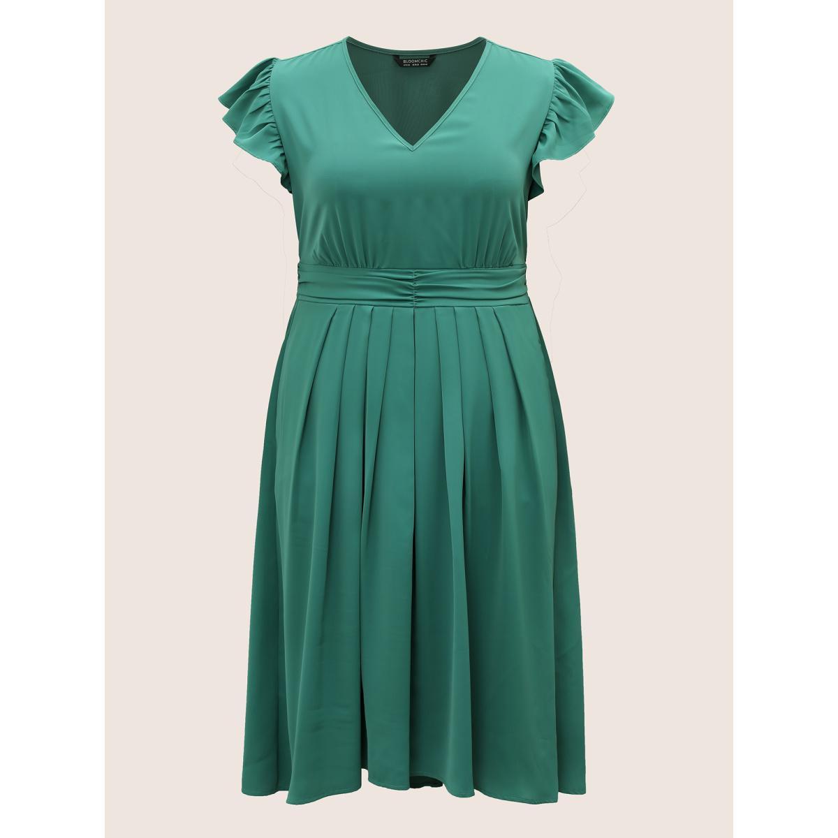 Plus Size Anti-Wrinkle Solid Ruched Flutter Trim Pleated Dress Emerald Women Elegant Non V-neck Sleeveless Curvy Midi Dress BloomChic 12/L Product Image