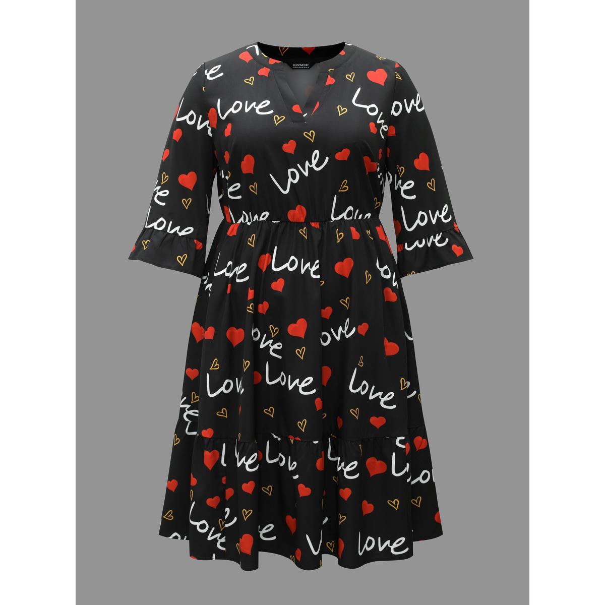 Plus Size Notched Collar Heart Print Tiered Midi Dress Black Women Elegant Non Flat collar with V-notch Elbow-length sleeve Curvy BloomChic 18-20/2X Product Image