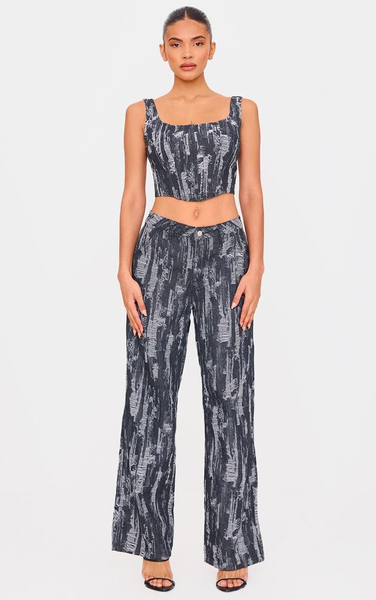 Black Jacquard Style Wide Leg Jeans Product Image