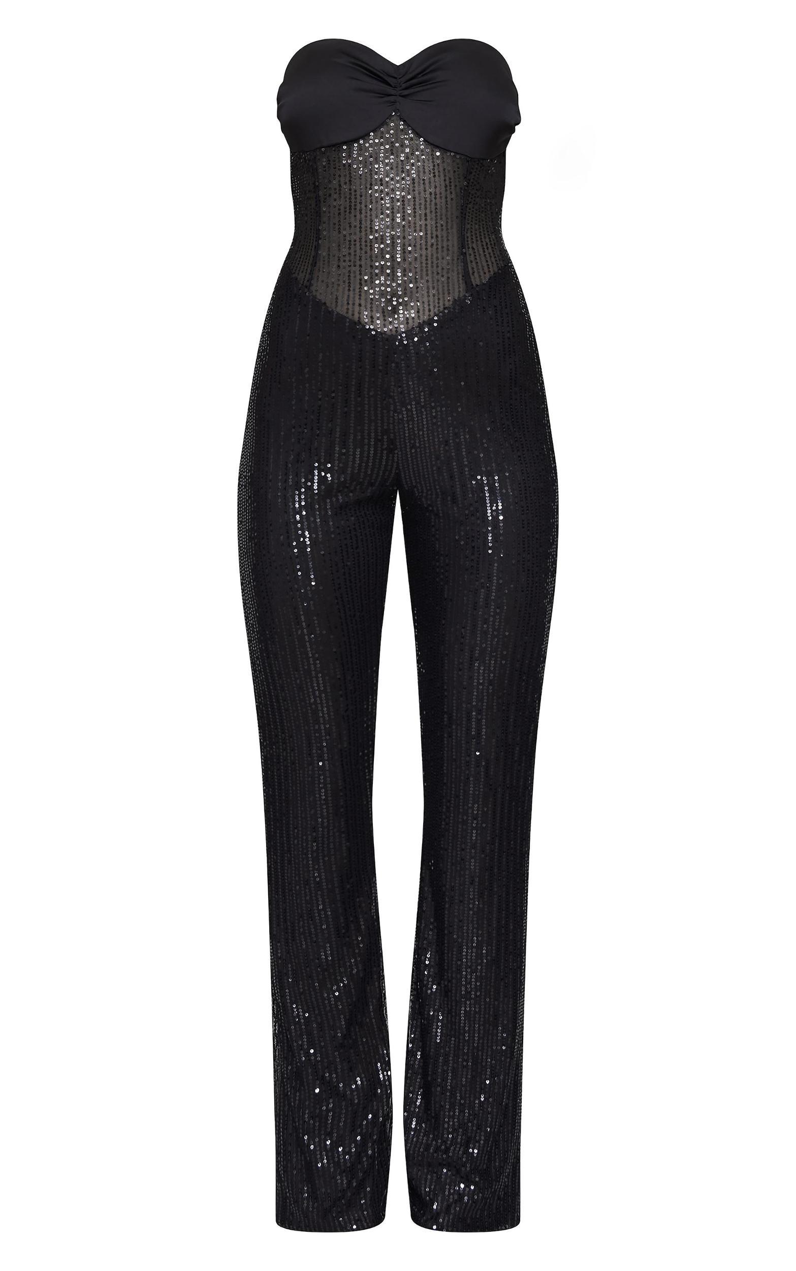Black Sequin Bandeau Sheer Panel Jumpsuit Product Image