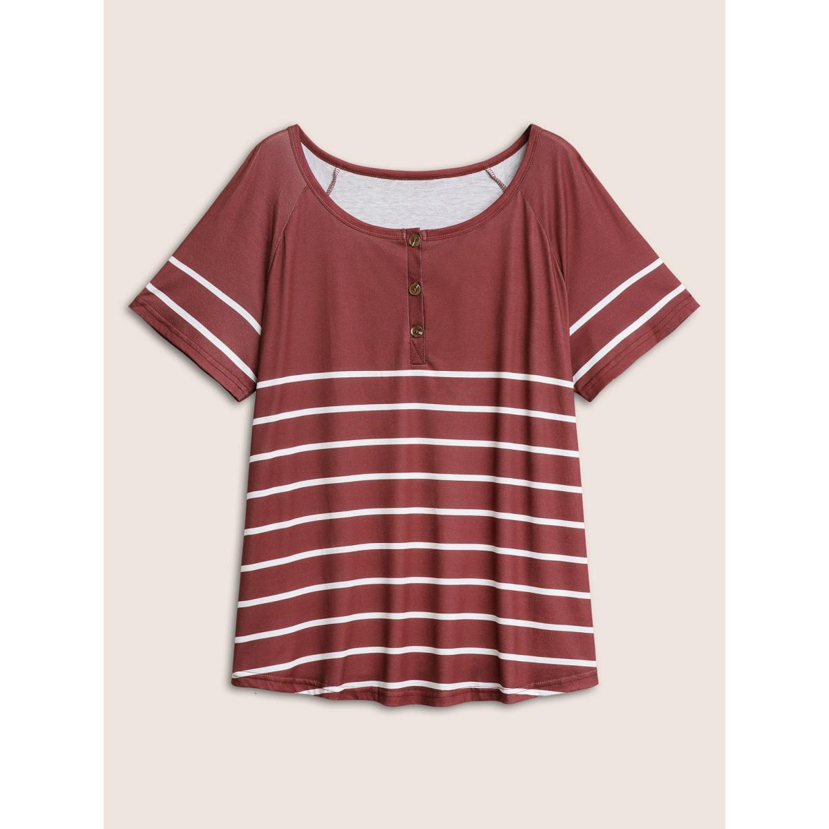 Plus Size Striped Print Raglan Sleeve Button Up T-shirt Burgundy Women Casual Contrast Striped Round Neck Everyday T-shirts BloomChic 30/6X Product Image