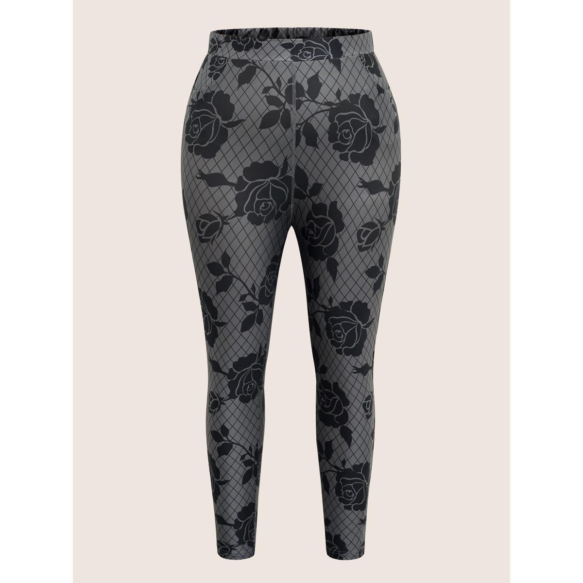 Plus Size Skinny Rose Print High Rise Leggings Women DimGray At the Office High stretch Skinny High Rise Work Leggings BloomChic 10/M Product Image