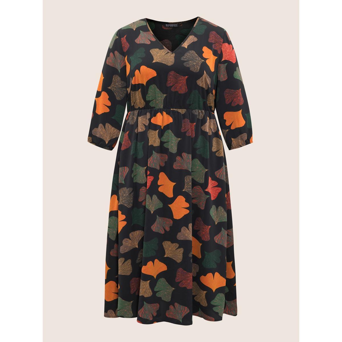 Plus Size Plants Print Elastic Waist Elastic Cuffs Dress Black Women Elegant Elastic cuffs V-neck Elbow-length sleeve Curvy Midi Dress BloomChic 18-20/2X Product Image