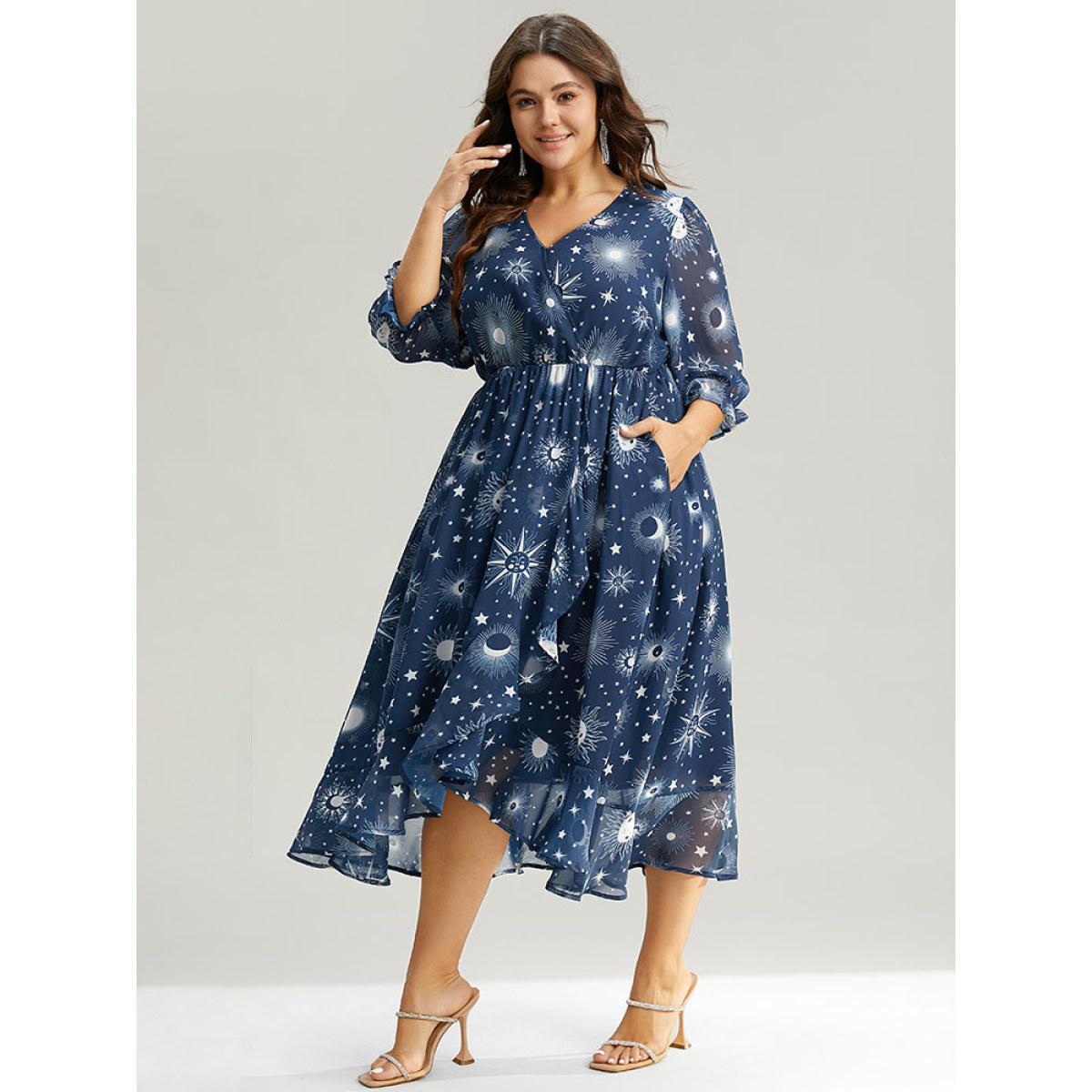 Plus Size Christmas Moon & Star Ruffles Mesh Wrap Dress Cyan Women Party Wrap Overlap Collar Elbow-length sleeve Curvy Midi Dress BloomChic 18-20/2X Product Image