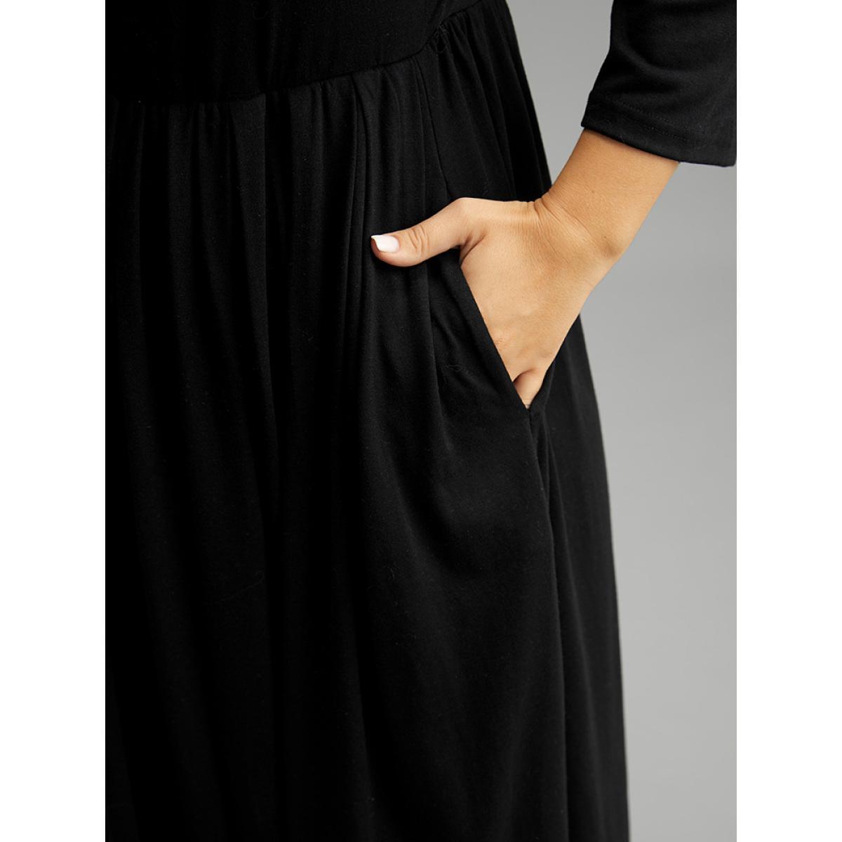 Plus Size Supersoft Essentials Square Neck Ruched Dress Black Women Casual Gathered Square Neck Elbow-length sleeve Curvy Midi Dress BloomChic 14-16/1X Product Image