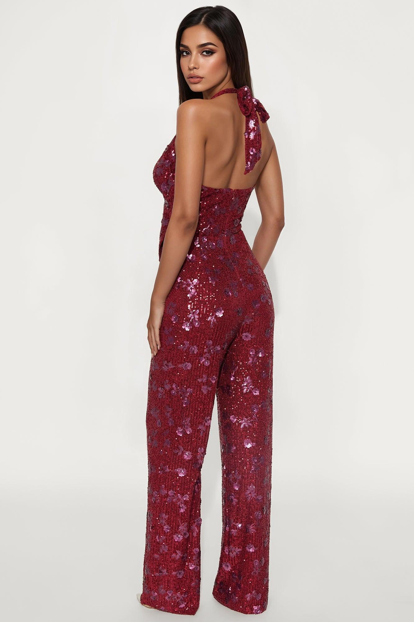 Natalia Sequin Halter Jumpsuit - Burgundy Product Image