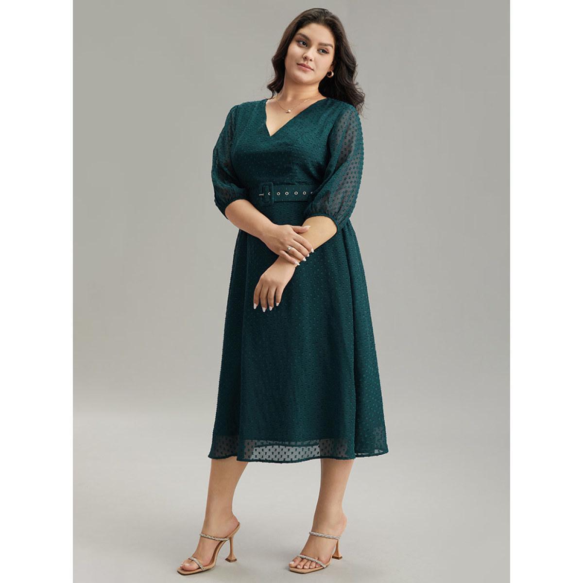Plus Size Solid Texture Pocket Belted Mesh Patchwork Dress Aegean Women Glamour Elastic cuffs V-neck Elbow-length sleeve Curvy Midi Dress BloomChic 12/L Product Image