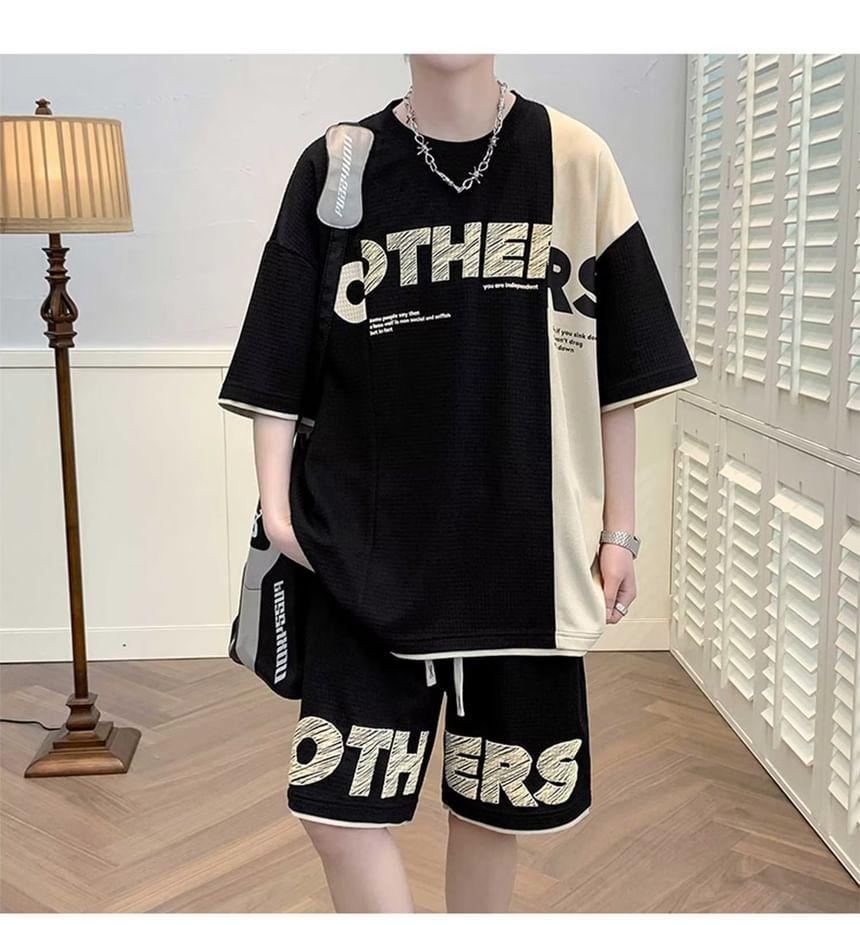Set: Elbow-Sleeve Two Tone Lettering T-Shirt + Shorts Product Image