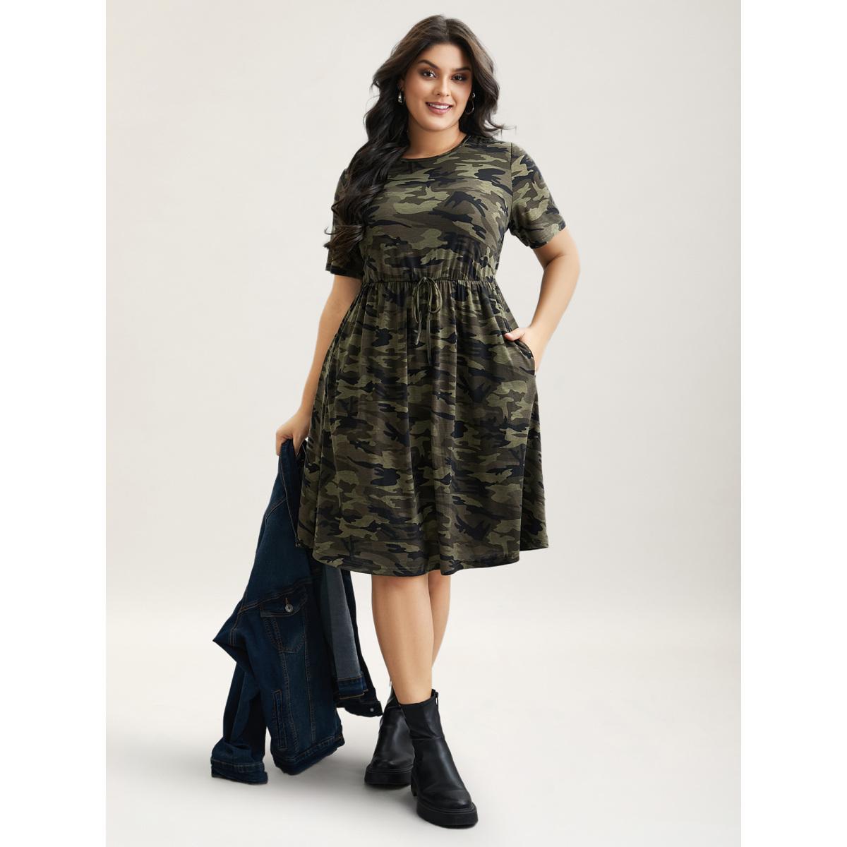 Plus Size Camouflage Print Round Neck Pockets Midi Dress ArmyGreen Women Casual Tie knot Knit Dresses Bloomchic 28/5X Product Image