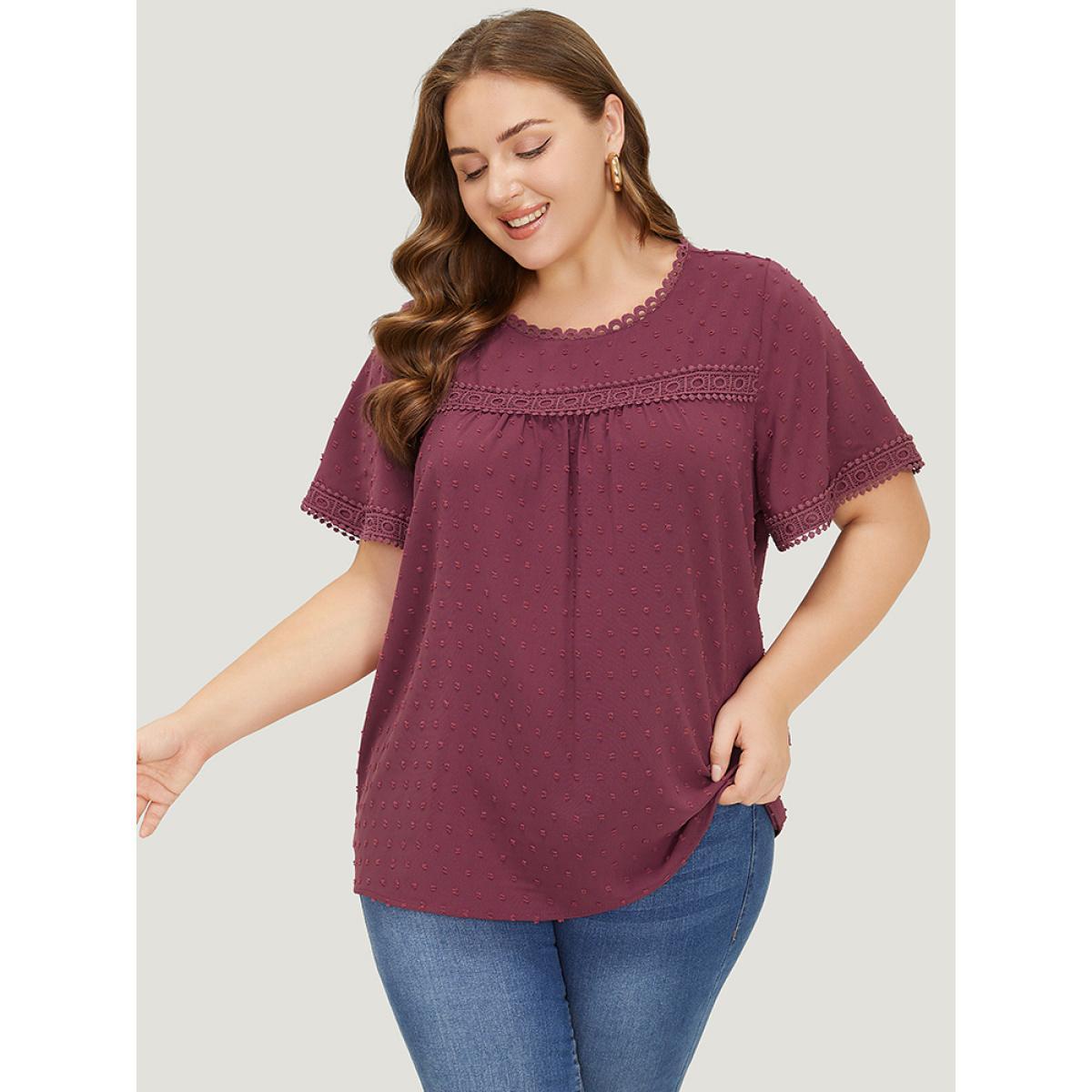 Plus Size RedViolet Polka Dot Gathered Lace Blouse Women Elegant Short sleeve Round Neck Dailywear Blouses BloomChic 12/L Product Image