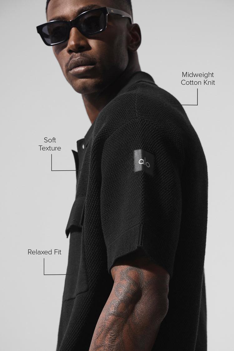 Sports Club Sweater Knit Short Sleeve Button Up - Black Product Image