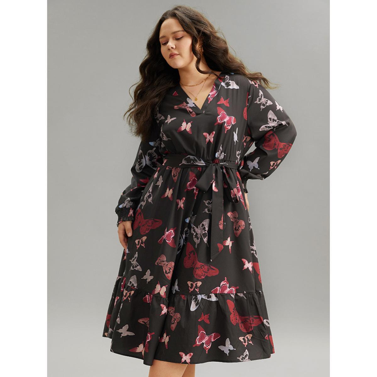 Plus Size Butterfly Print Shirred Belted Layered Dress Black Women Elegant Belted V-neck Long Sleeve Curvy Midi Dress BloomChic 18-20/2X Product Image